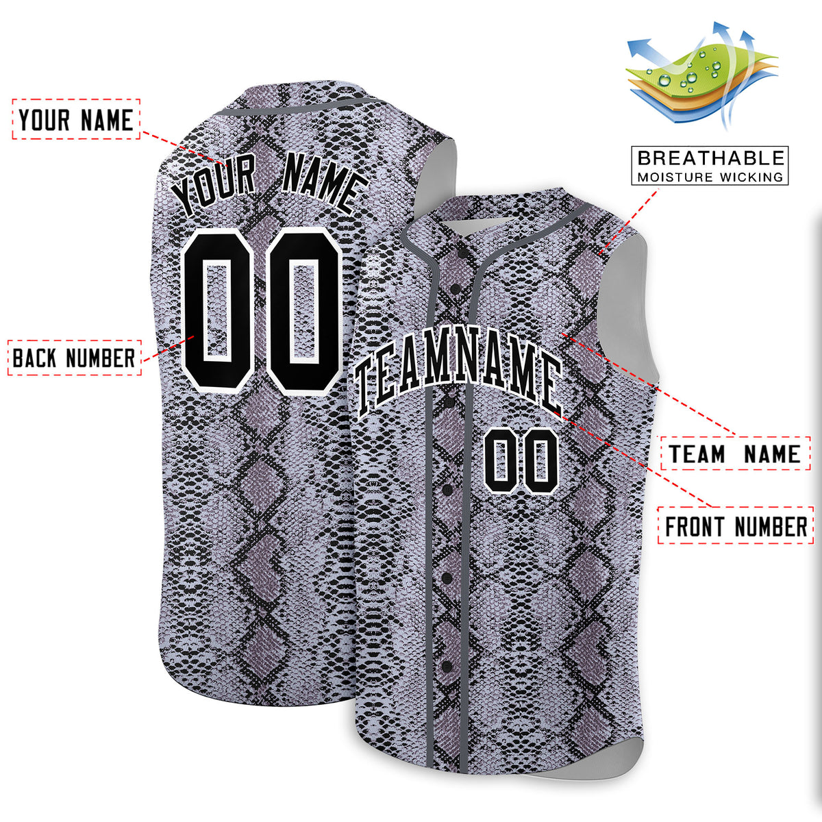 Custom Gray Snakeskin Pattern Authentic Sleeveless Baseball Jersey