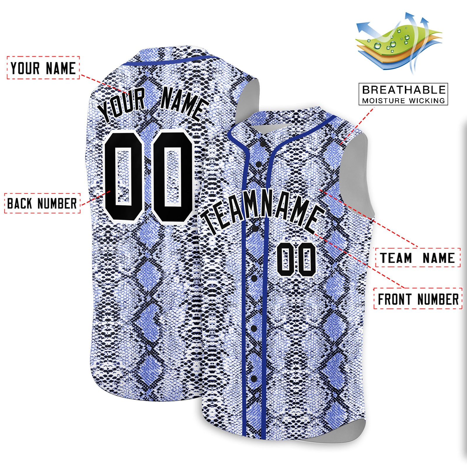 Custom Royal Snakeskin Pattern Authentic Sleeveless Baseball Jersey