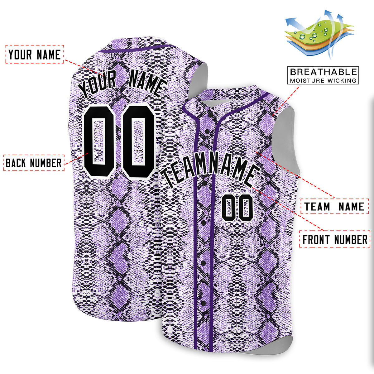 Custom Purple Snakeskin Pattern Authentic Sleeveless Baseball Jersey