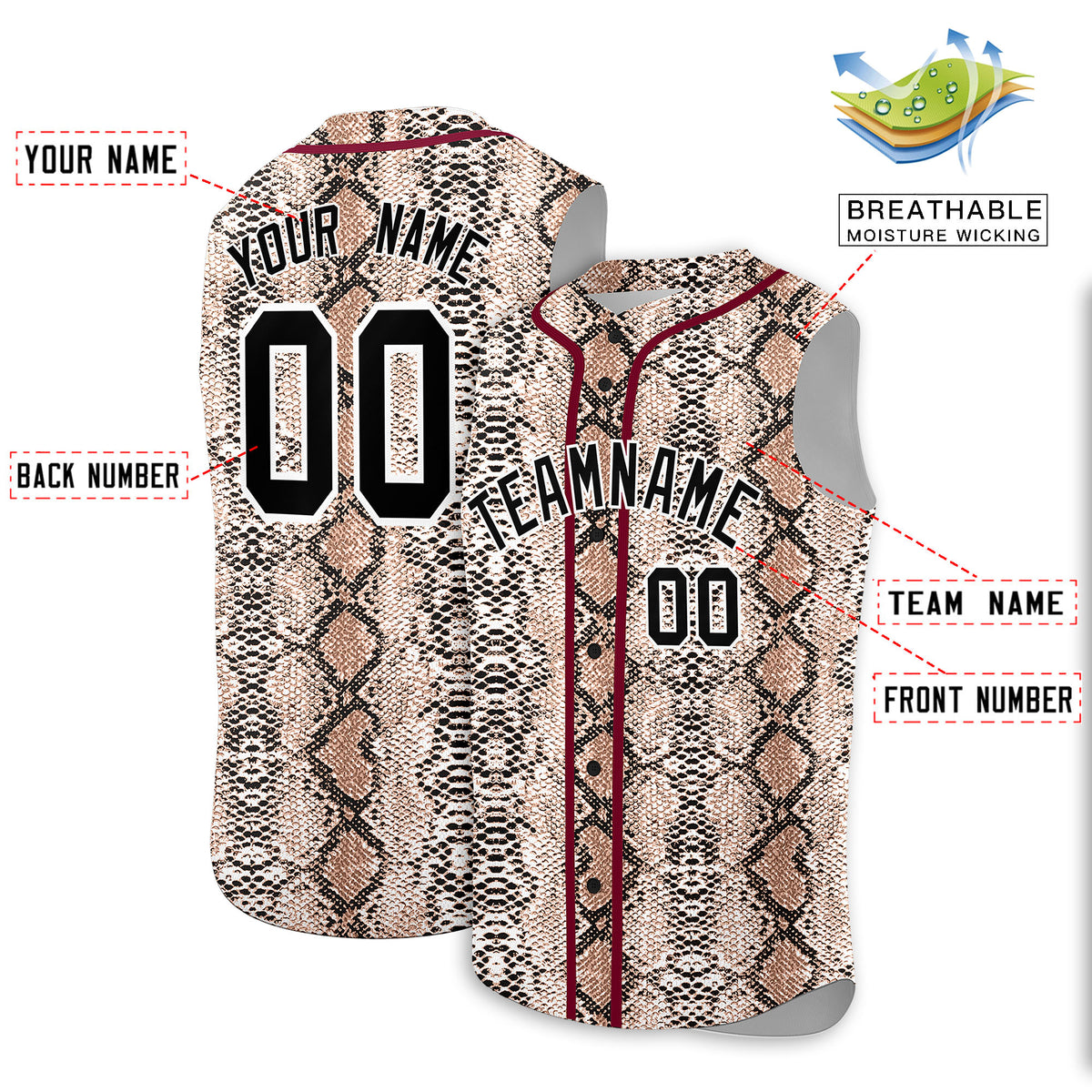 Custom Crimson Snakeskin Pattern Authentic Sleeveless Baseball Jersey