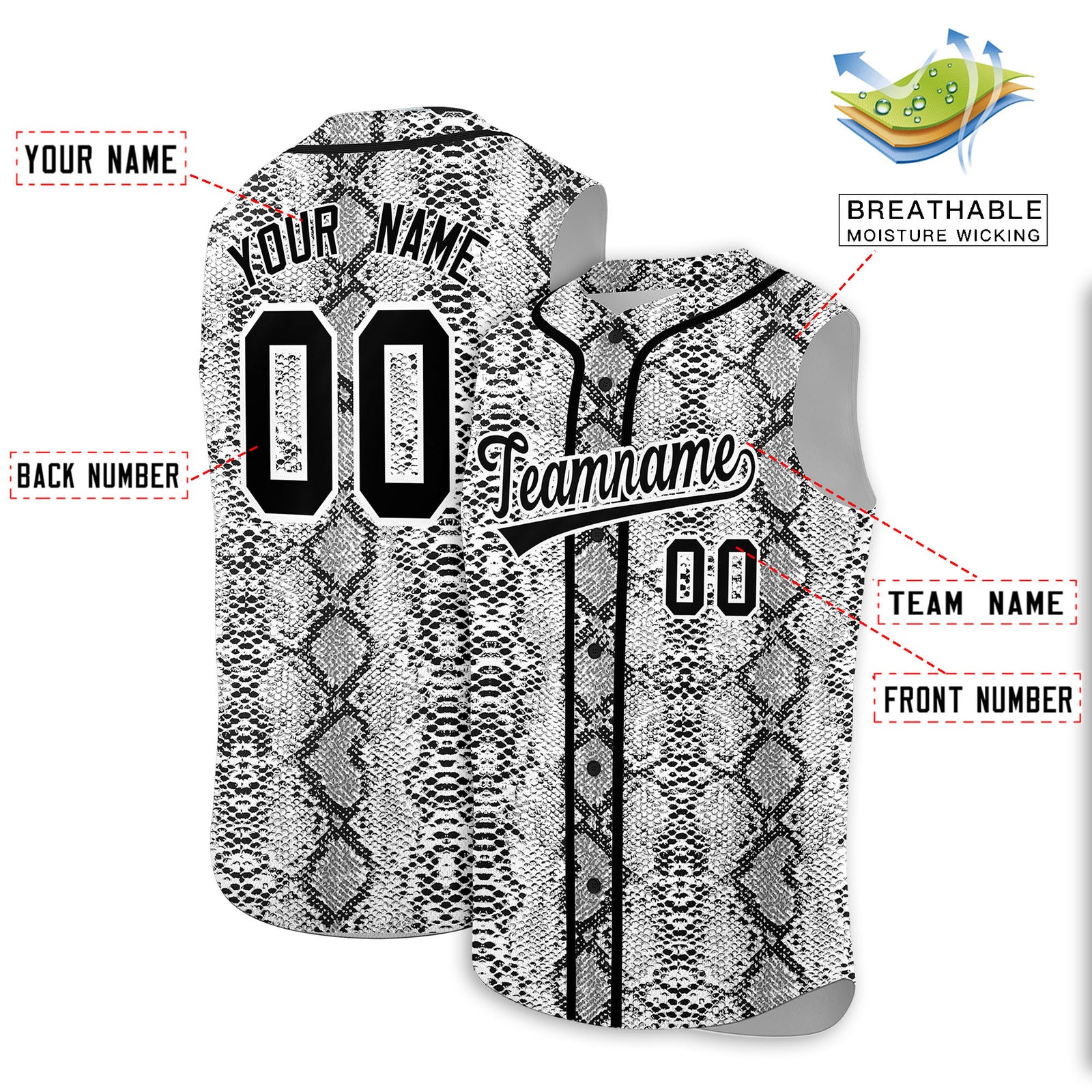 Custom Black Snakeskin Pattern Authentic Sleeveless Baseball Jersey