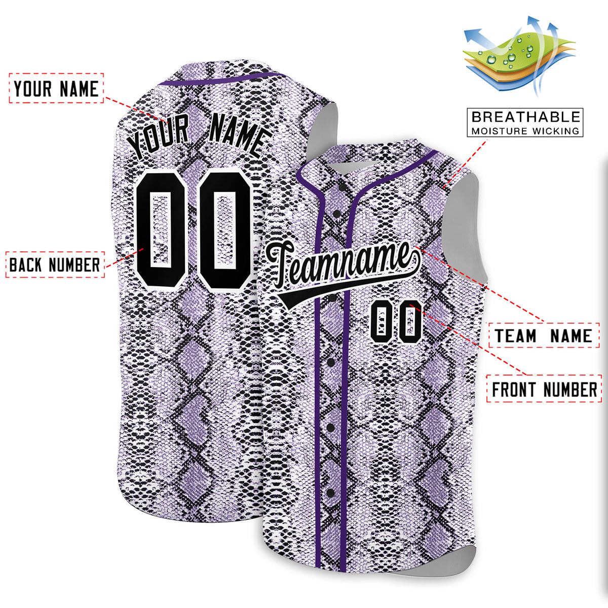 Custom Purple Snakeskin Pattern Authentic Sleeveless Baseball Jersey