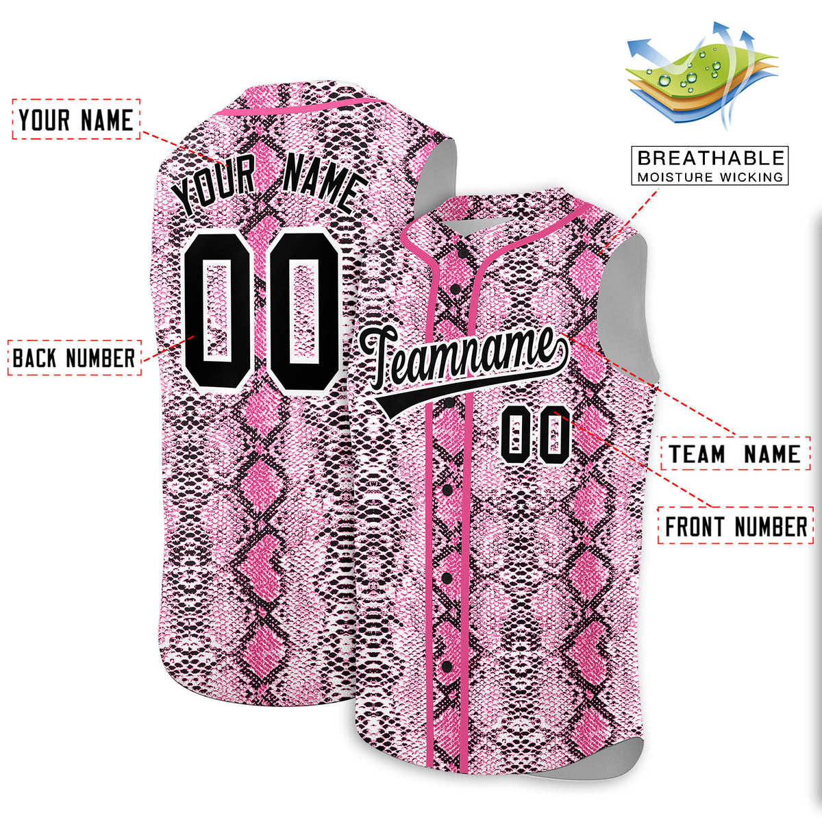 Custom Pink Snakeskin Pattern Authentic Sleeveless Baseball Jersey