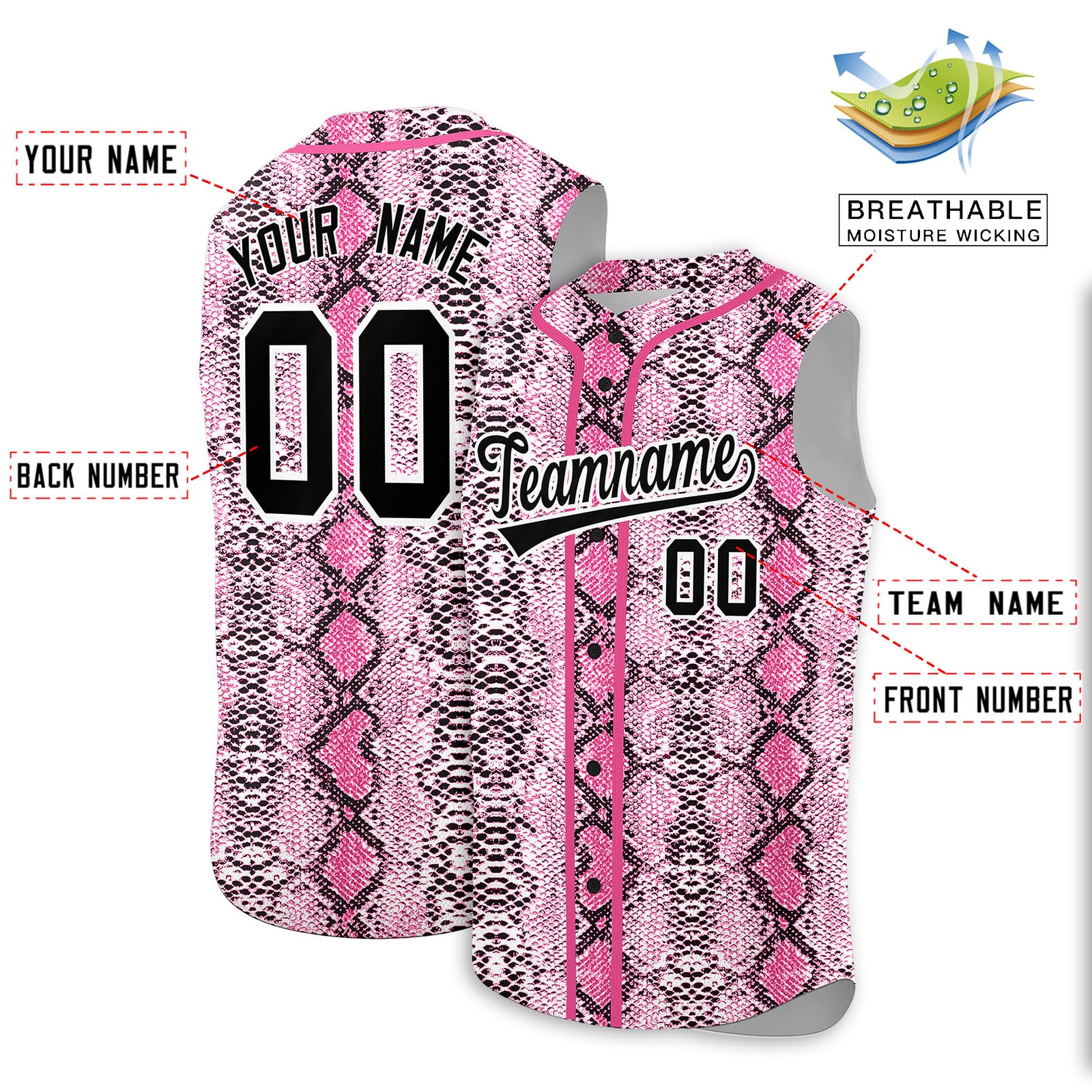 Custom Pink Snakeskin Pattern Authentic Sleeveless Baseball Jersey