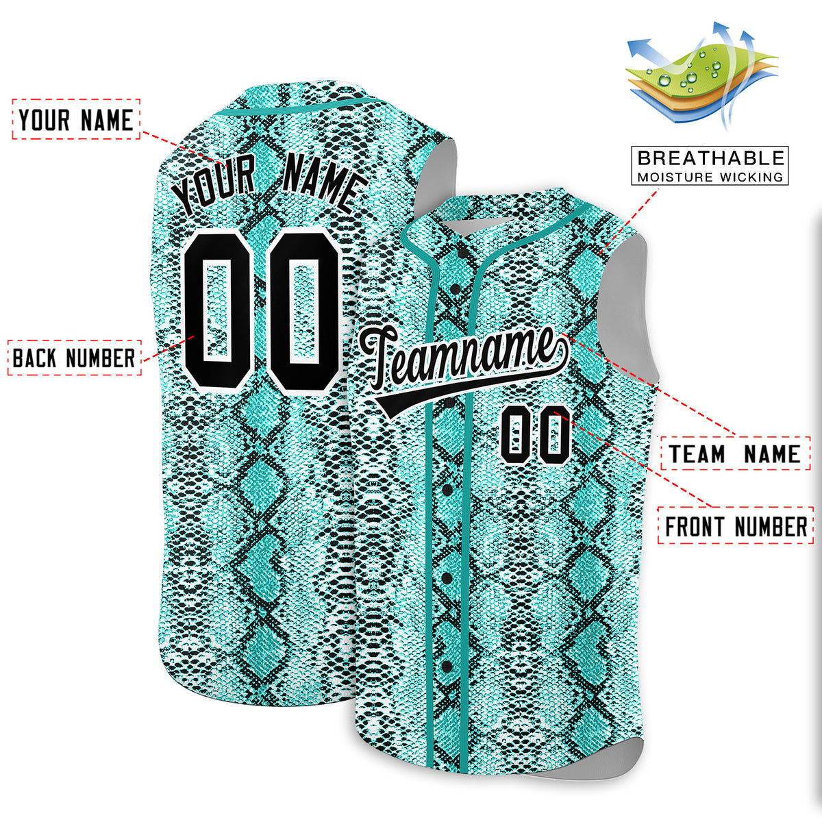 Custom Aqua Snakeskin Pattern Authentic Sleeveless Baseball Jersey