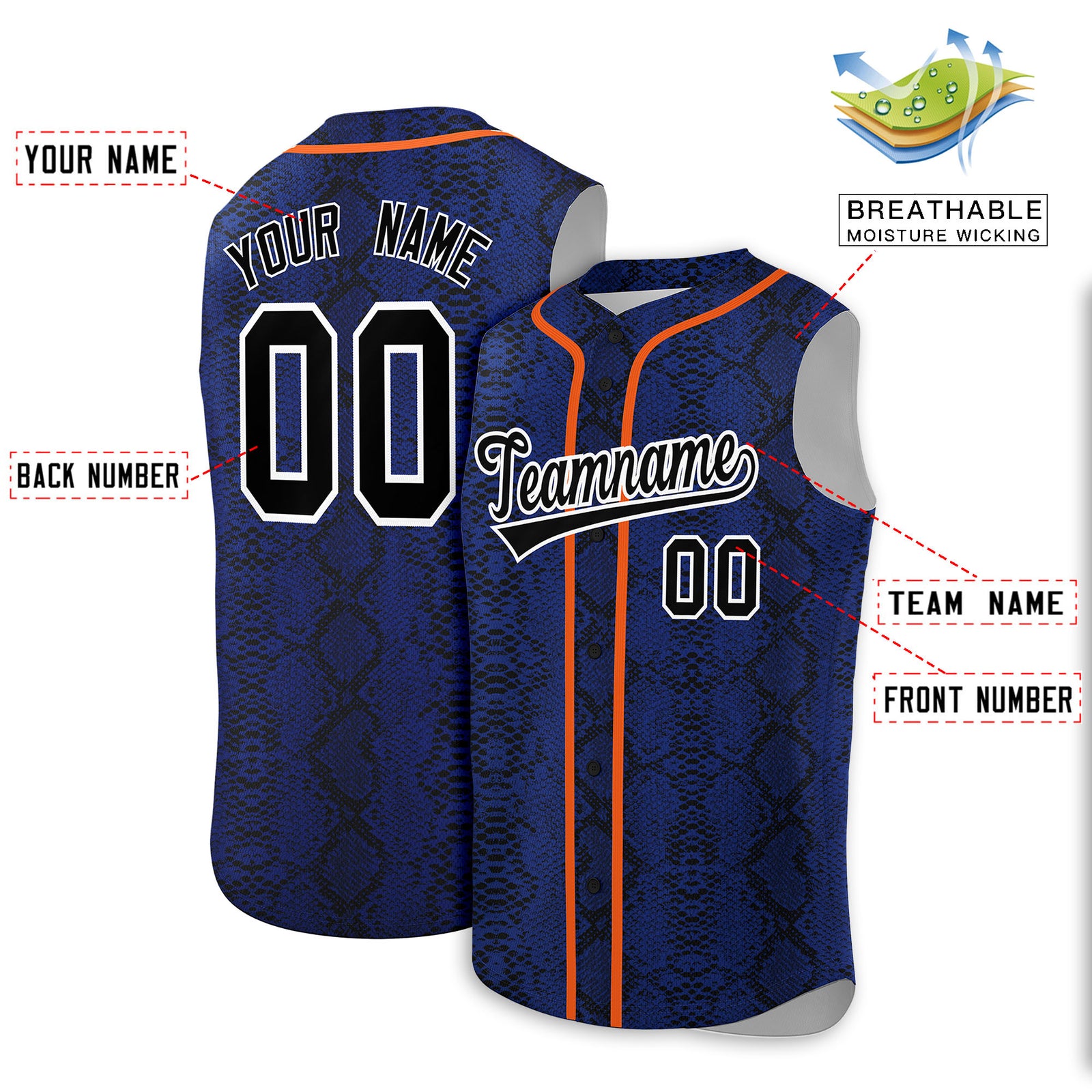 Custom Orange Snakeskin Pattern Authentic Sleeveless Baseball Jersey