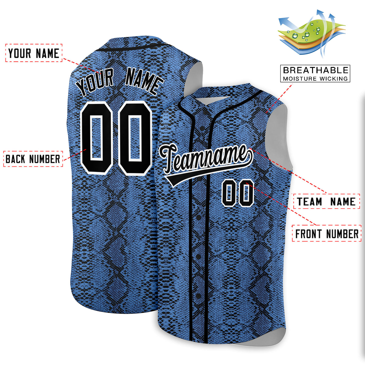 Custom Black Snakeskin Pattern Authentic Sleeveless Baseball Jersey