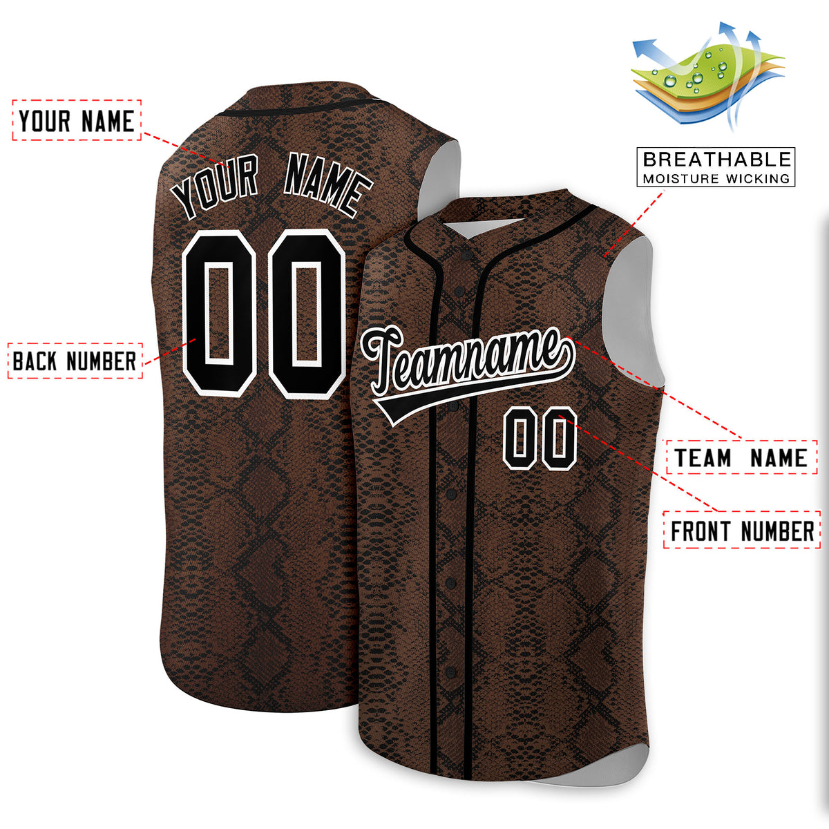 Custom Black Snakeskin Pattern Authentic Sleeveless Baseball Jersey