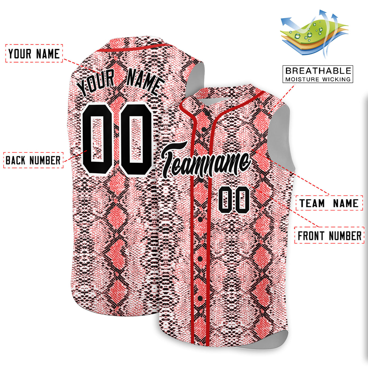 Custom Red Snakeskin Pattern Authentic Sleeveless Baseball Jersey