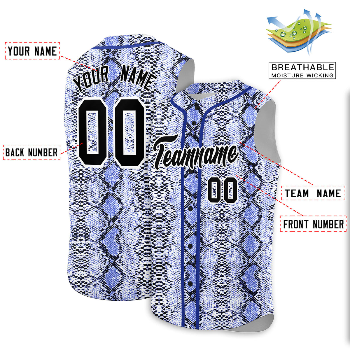Custom Royal Snakeskin Pattern Authentic Sleeveless Baseball Jersey