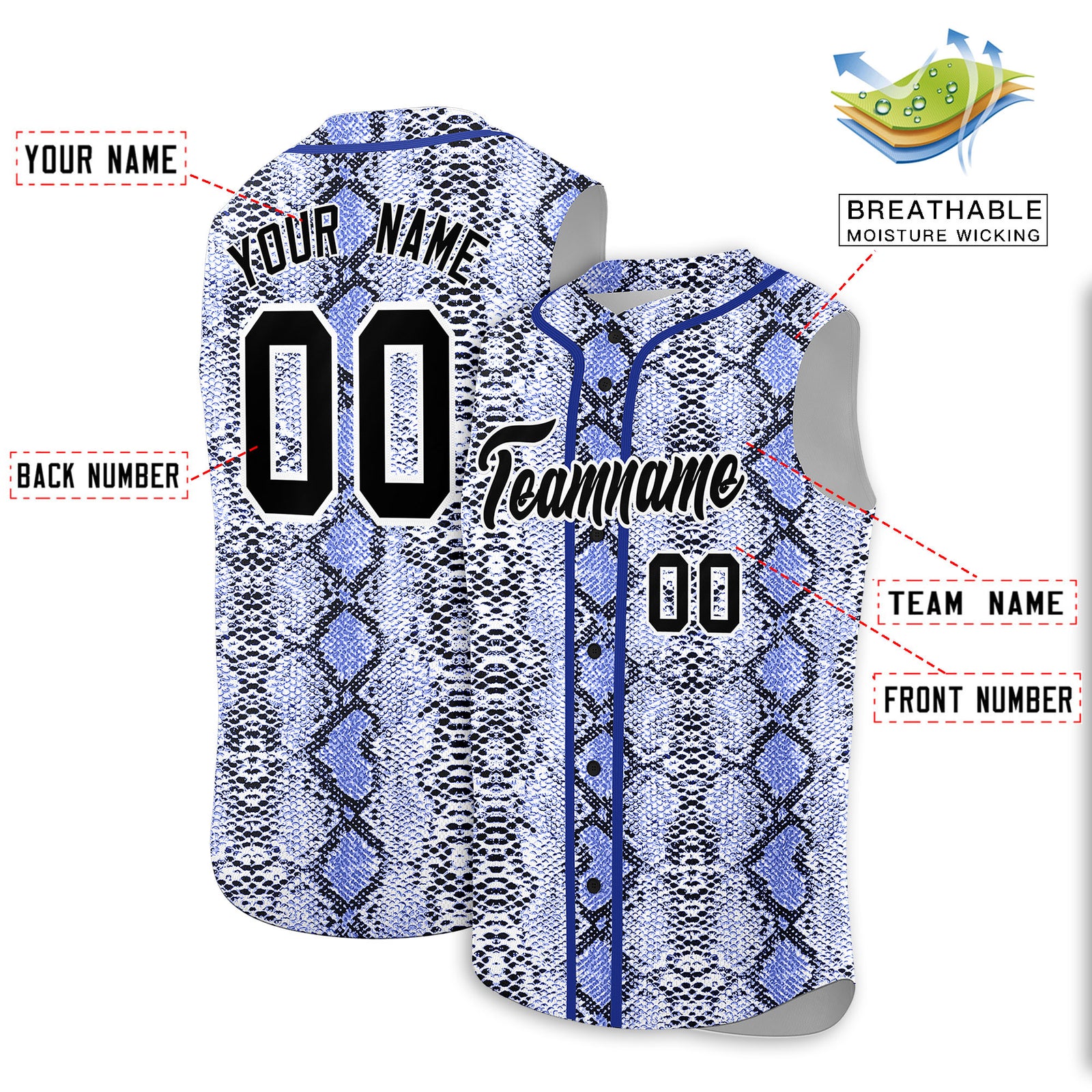 Custom Royal Snakeskin Pattern Authentic Sleeveless Baseball Jersey