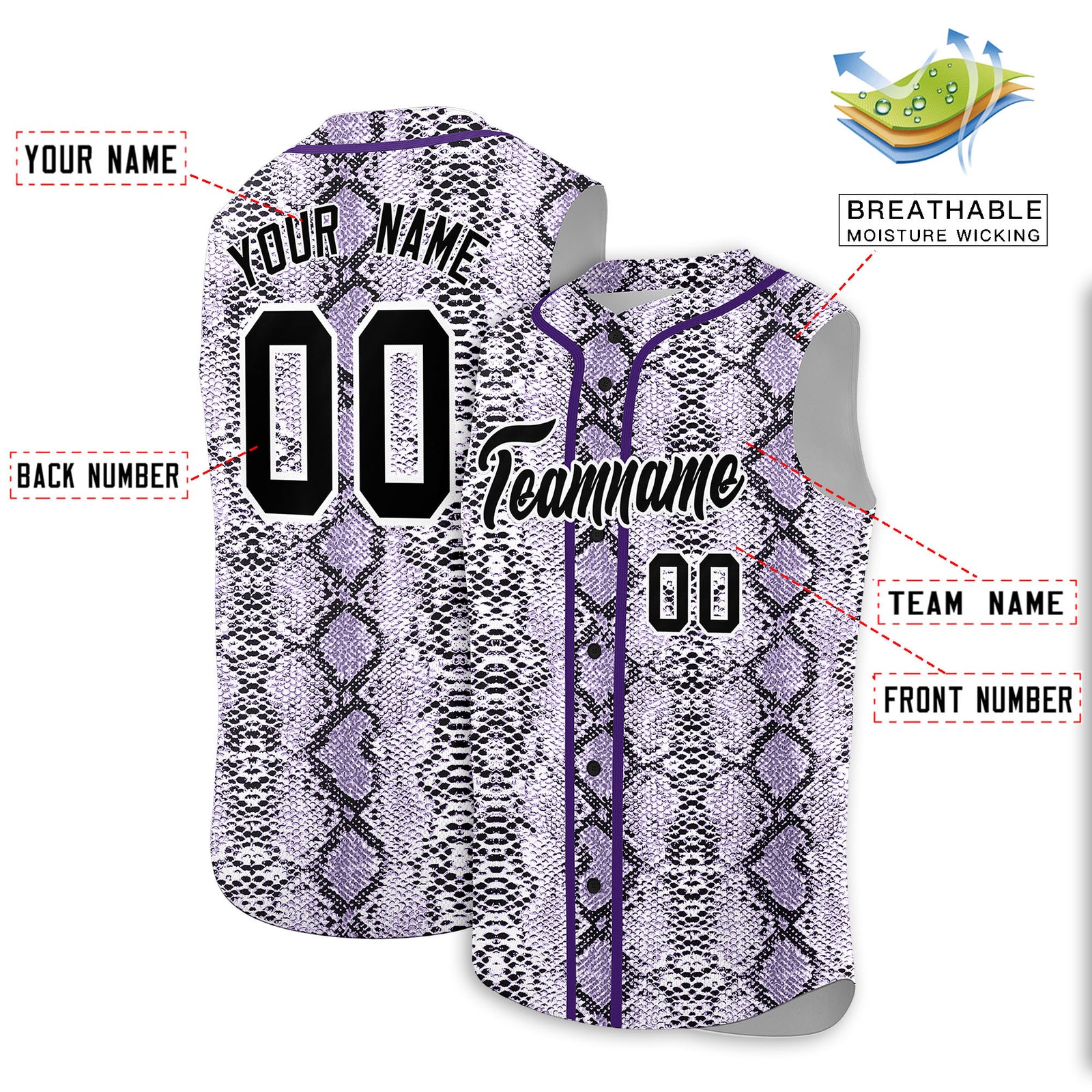 Custom Purple Snakeskin Pattern Authentic Sleeveless Baseball Jersey