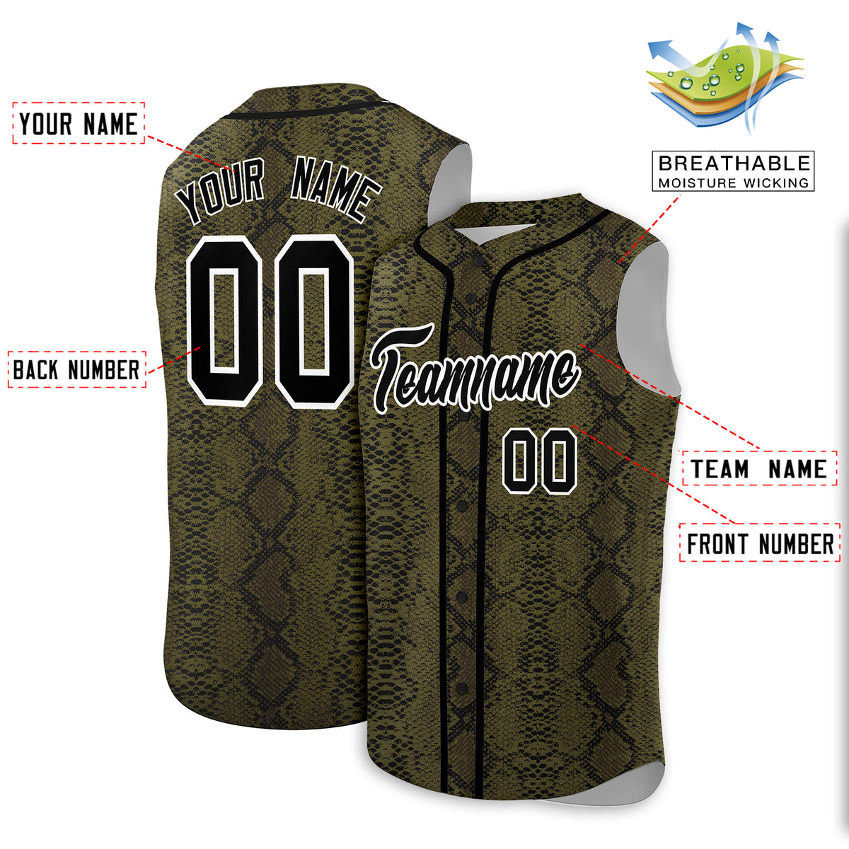 Custom Black Snakeskin Pattern Authentic Sleeveless Baseball Jersey