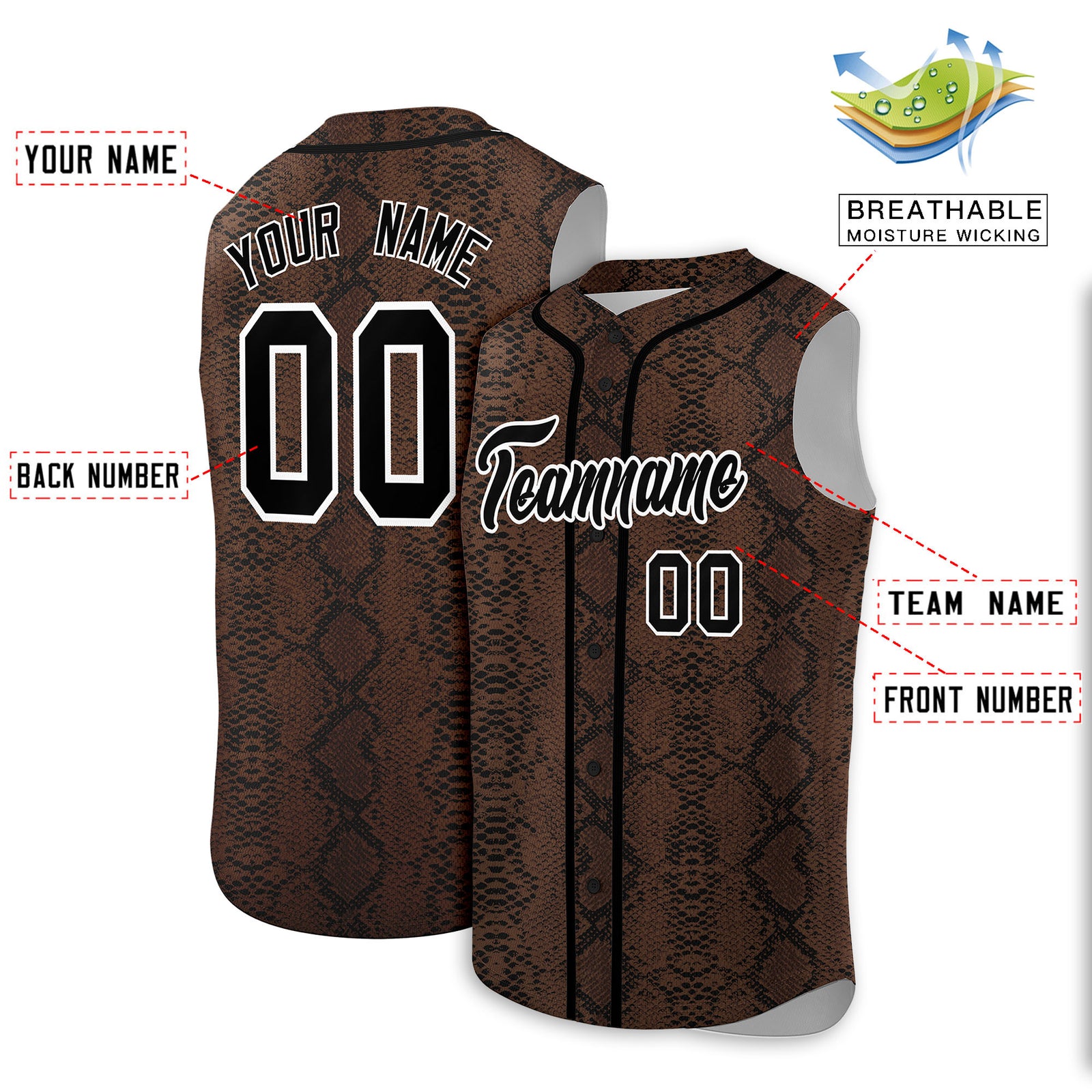 Custom Black Snakeskin Pattern Authentic Sleeveless Baseball Jersey
