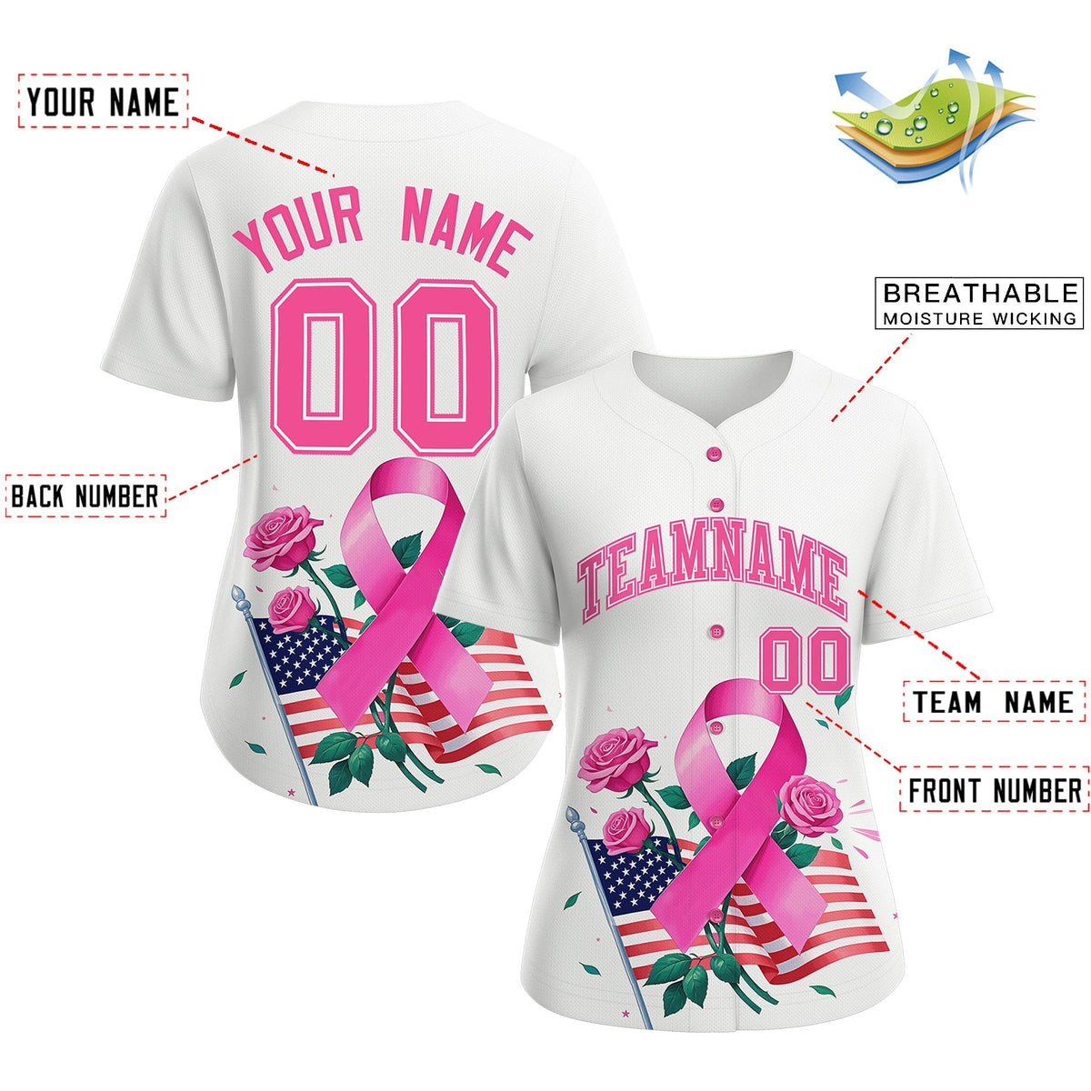 Custom White Pink Breast Cancer Awareness Month Pink Ribbon Authentic Baseball Jersey for Women