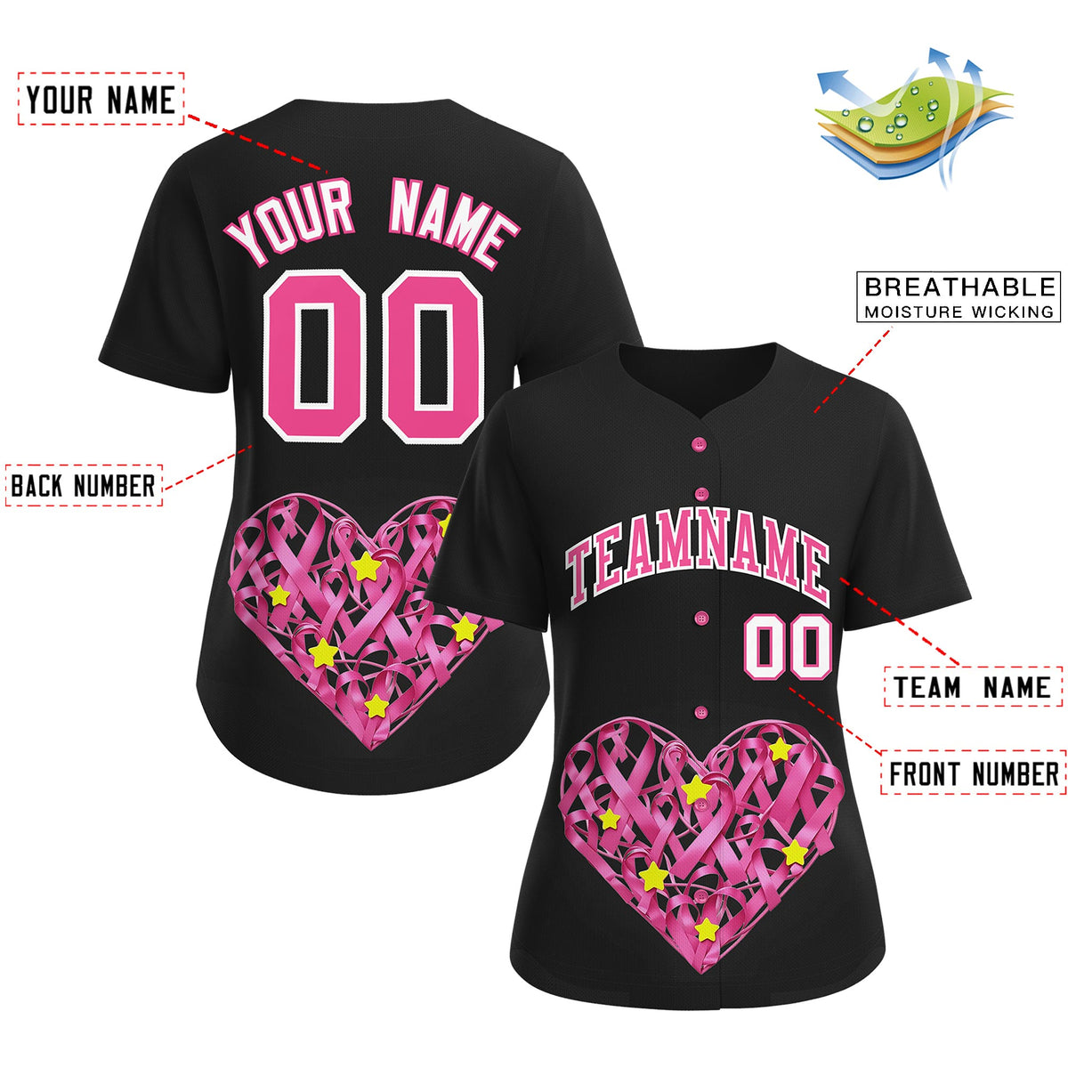 Custom Black Pink Breast Cancer Awareness Month Pink Ribbon Authentic Baseball Jersey for Women