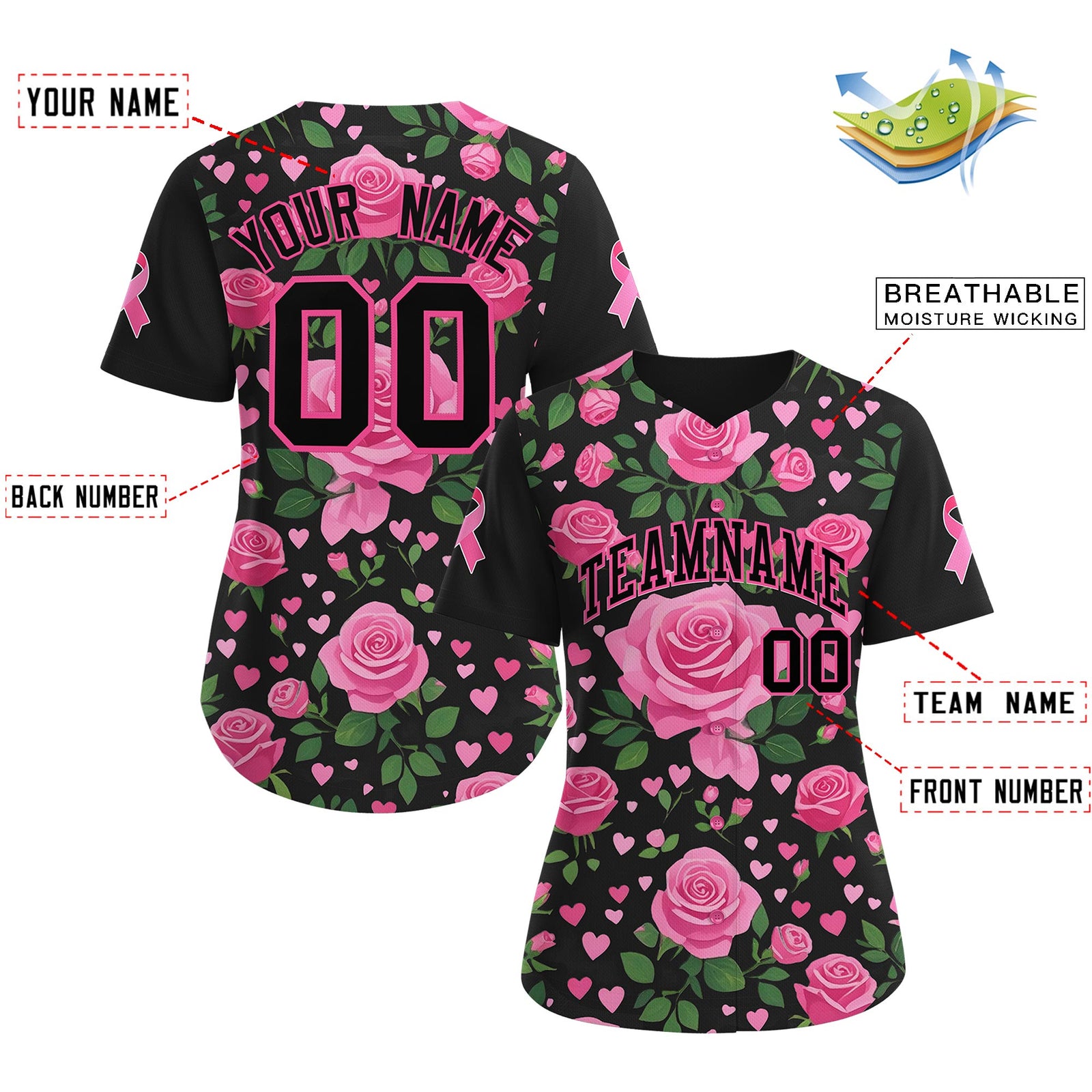 Custom Black Pink Breast Cancer Awareness Month Pink Ribbon Authentic Baseball Jersey for Women