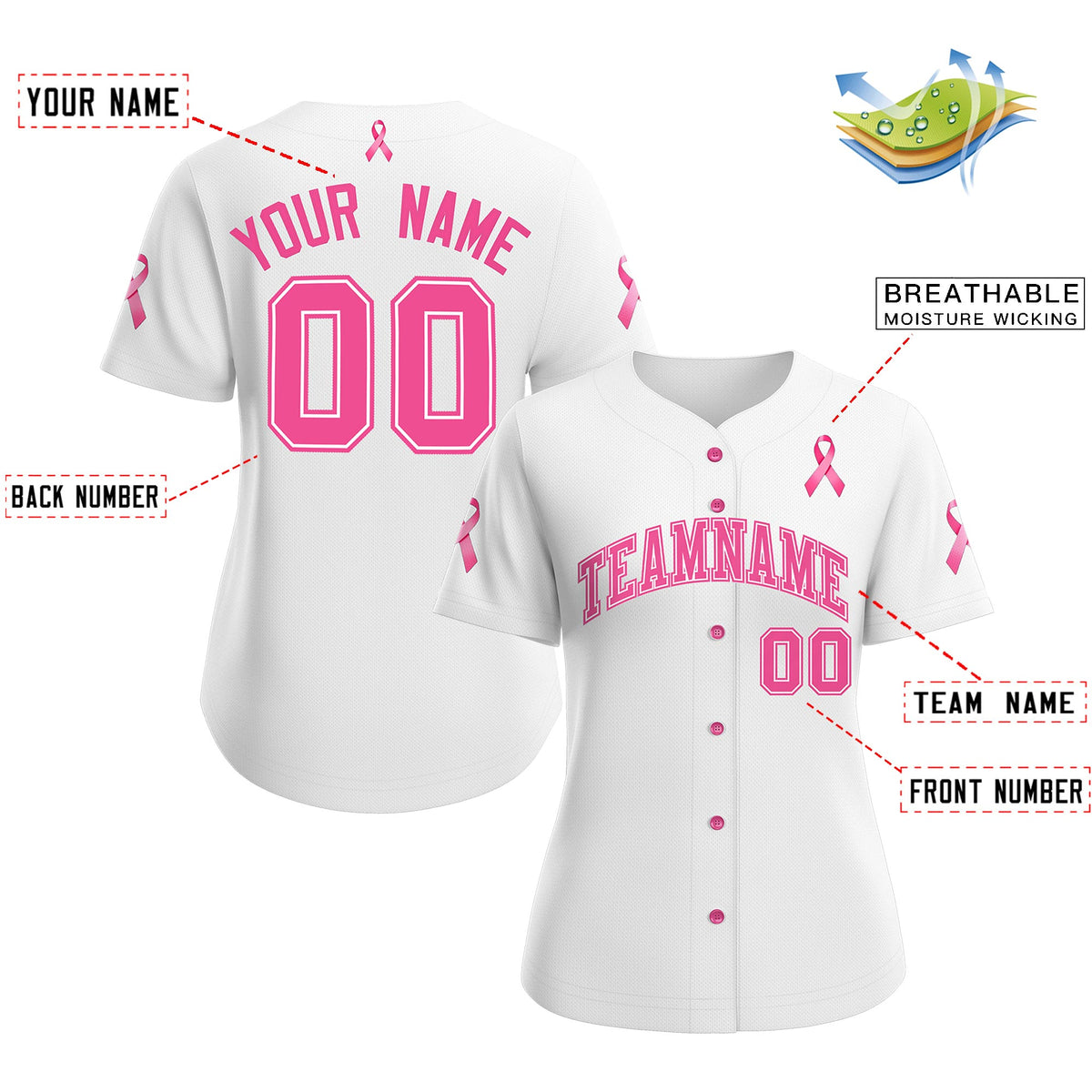 Custom White Pink Breast Cancer Awareness Month Pink Ribbon Authentic Baseball Jersey for Women