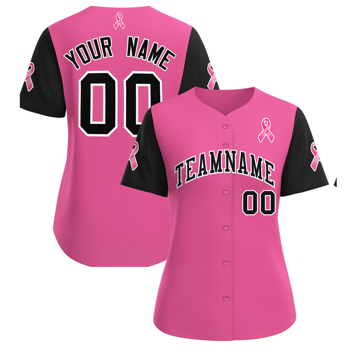 Custom Pink Black Breast Cancer Awareness Month Pink Ribbon Authentic Baseball Jersey for Women