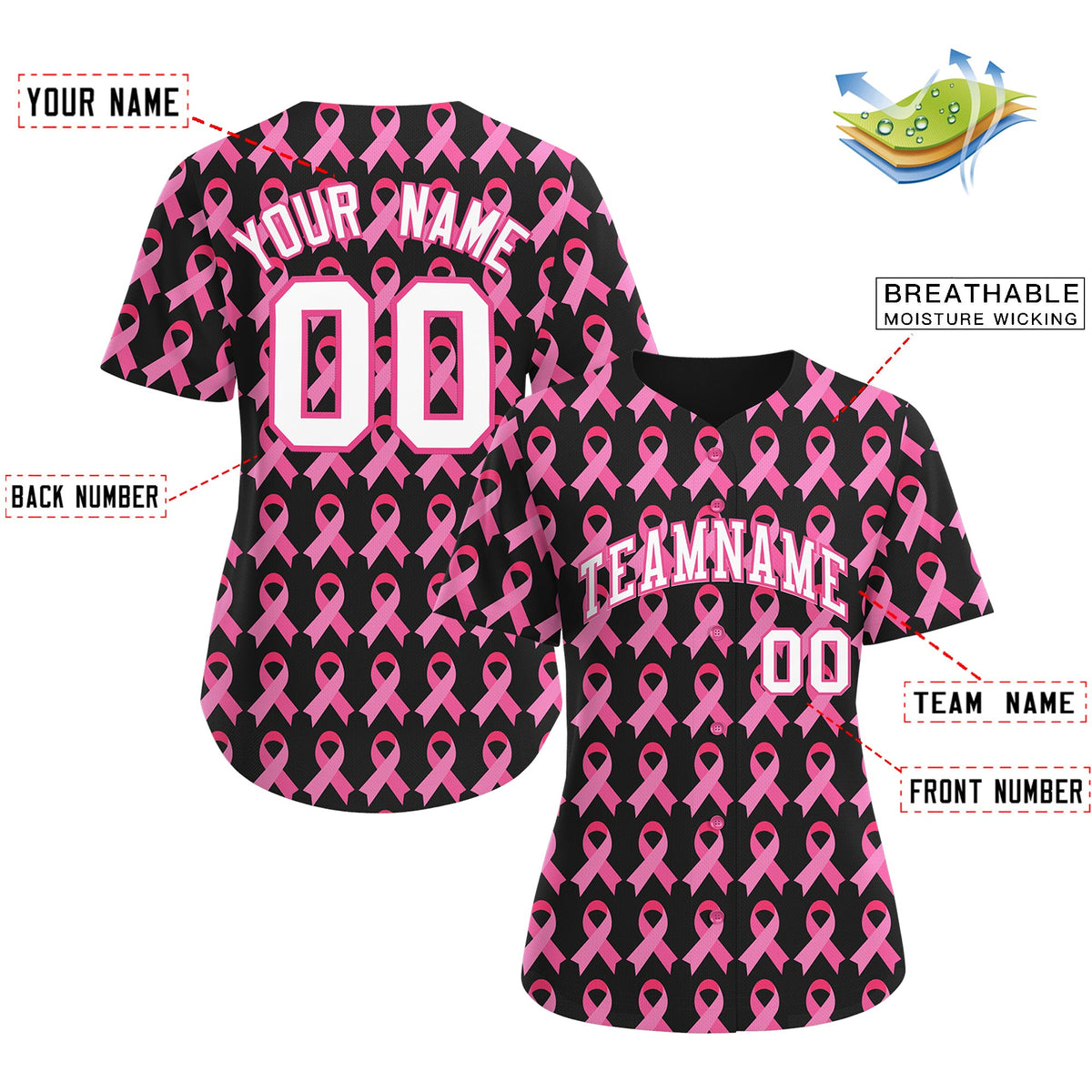 Custom Black Pink Breast Cancer Awareness Month Pink Ribbon Authentic Baseball Jersey for Women