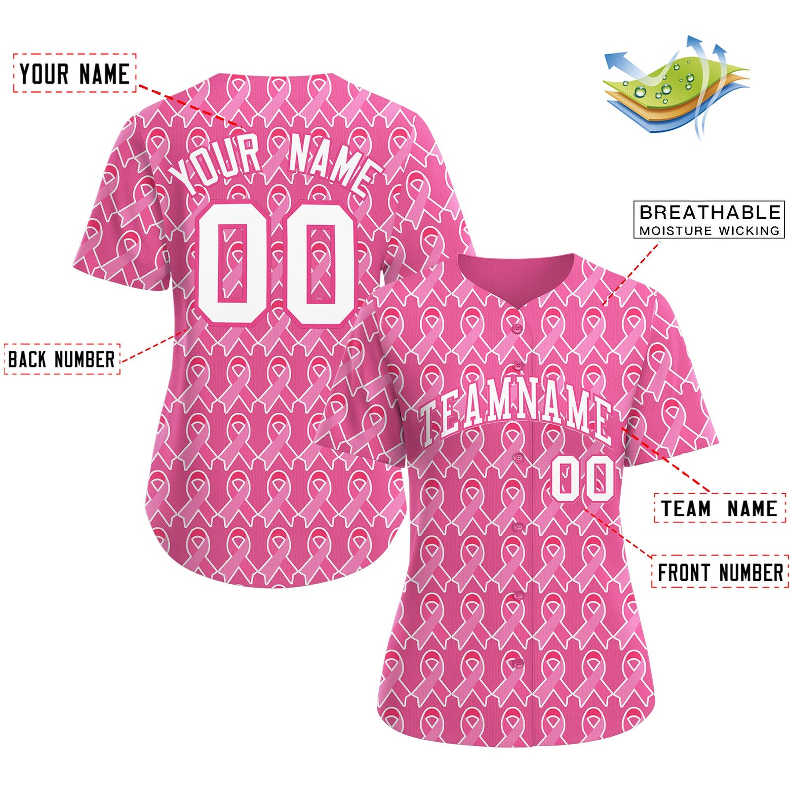 Custom Pink White Breast Cancer Awareness Month Pink Ribbon Authentic Baseball Jersey for Women