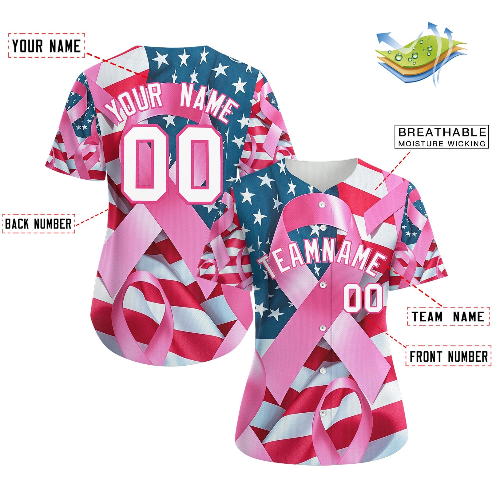 Custom White Pink Breast Cancer Awareness Month Pink Ribbon Authentic Baseball Jersey for Women