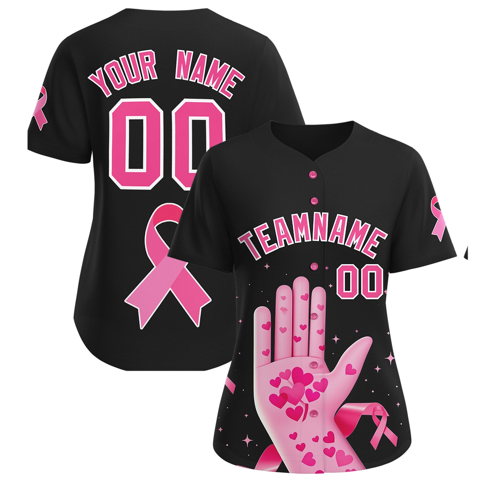 Custom Black Pink Breast Cancer Awareness Month Pink Ribbon Authentic Baseball Jersey for Women