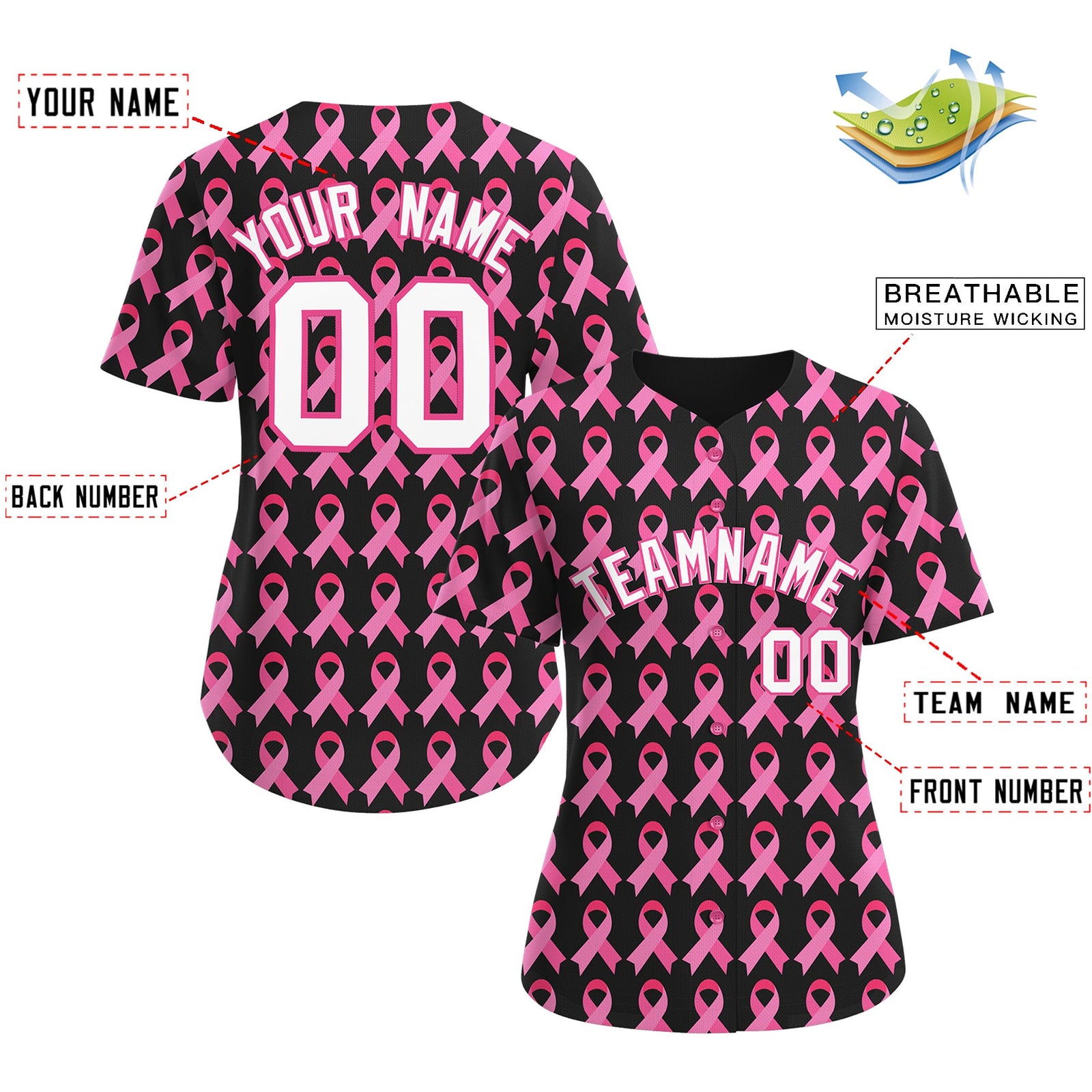 Custom Black Pink Breast Cancer Awareness Month Pink Ribbon Authentic Baseball Jersey for Women