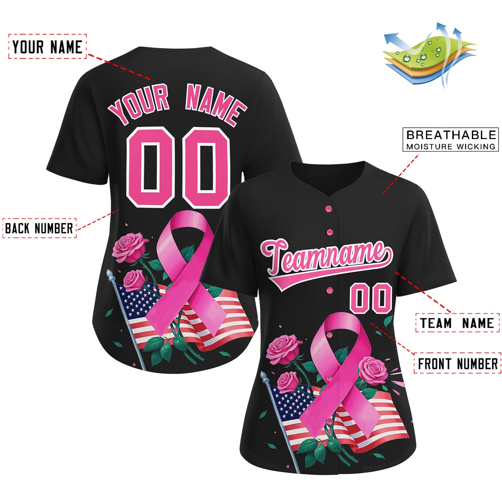 Custom Black Pink Breast Cancer Awareness Month Pink Ribbon Authentic Baseball Jersey for Women| KXKSHOP