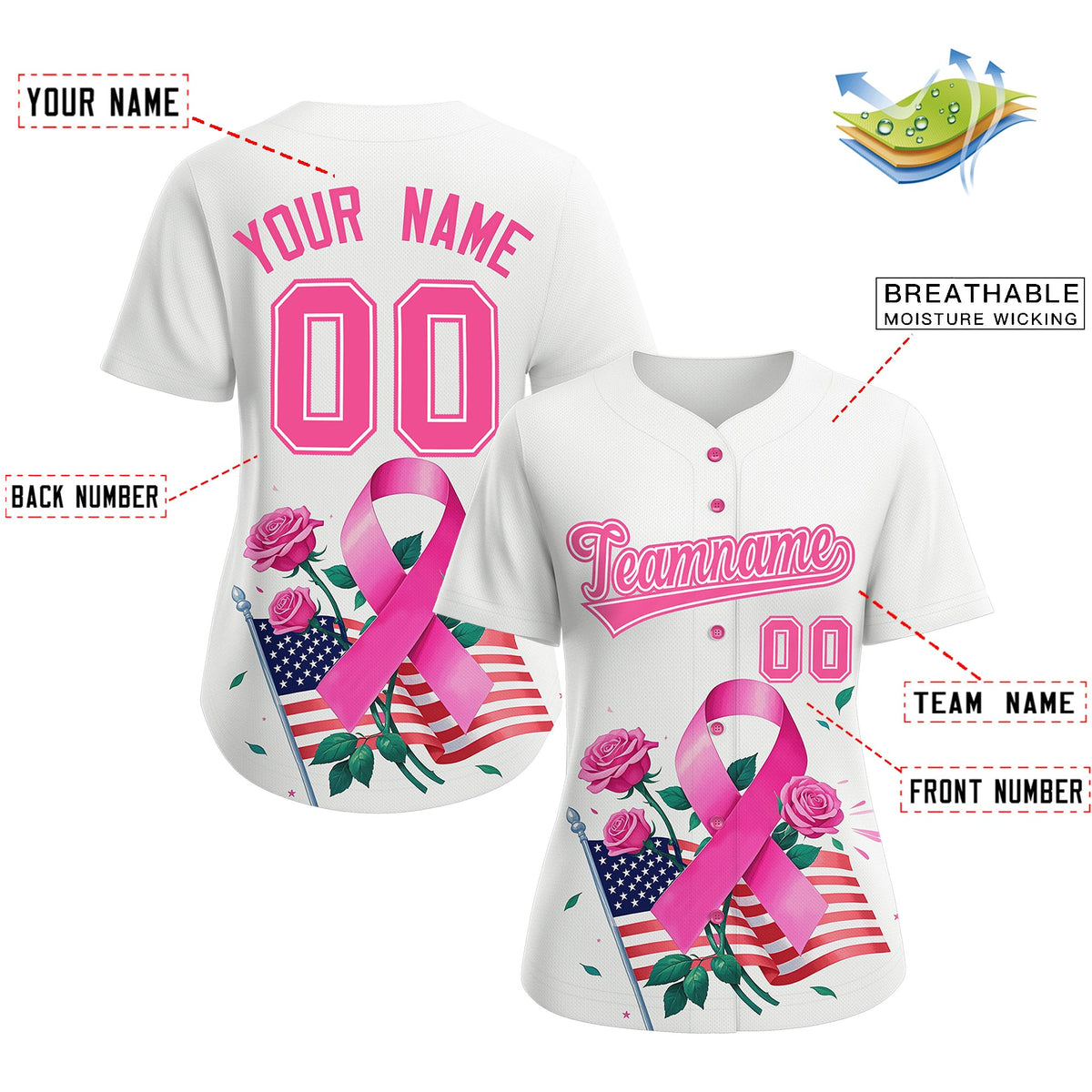 Custom White Pink Breast Cancer Awareness Month Pink Ribbon Authentic Baseball Jersey for Women| KXKSHOP