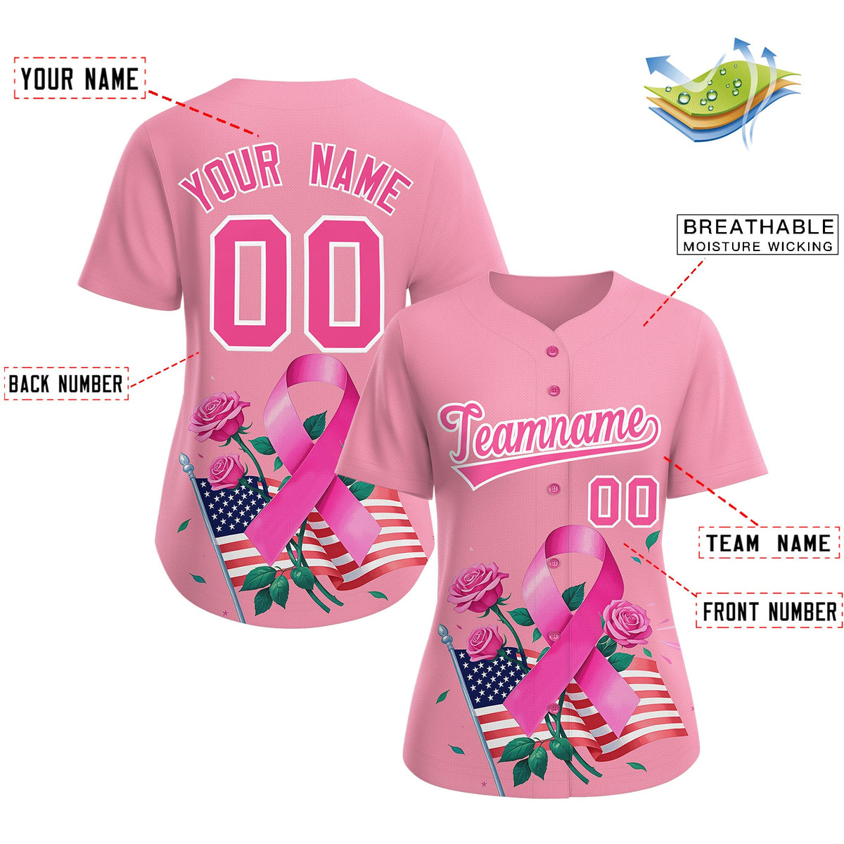 Custom Light Pink Pink Breast Cancer Awareness Month Pink Ribbon Authentic Baseball Jersey for Women| KXKSHOP