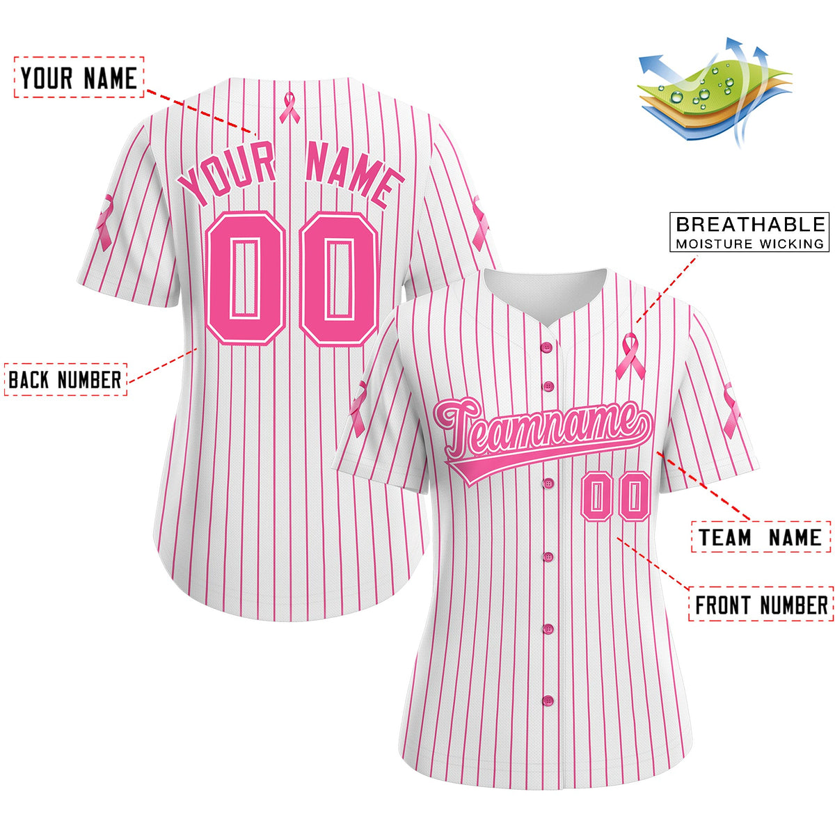 Custom White Pink Breast Cancer Awareness Month Pink Ribbon Authentic Baseball Jersey for Women| KXKSHOP