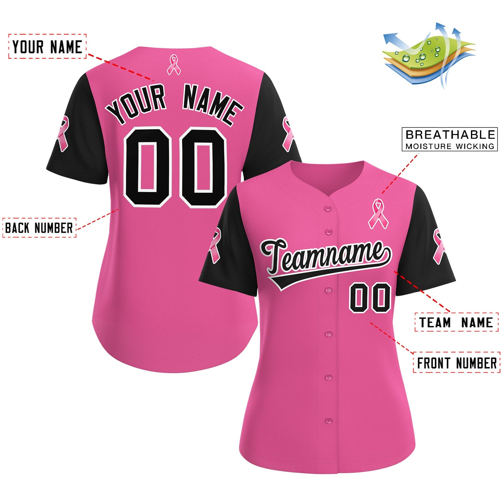 Custom Pink Black Breast Cancer Awareness Month Pink Ribbon Authentic Baseball Jersey for Women| KXKSHOP