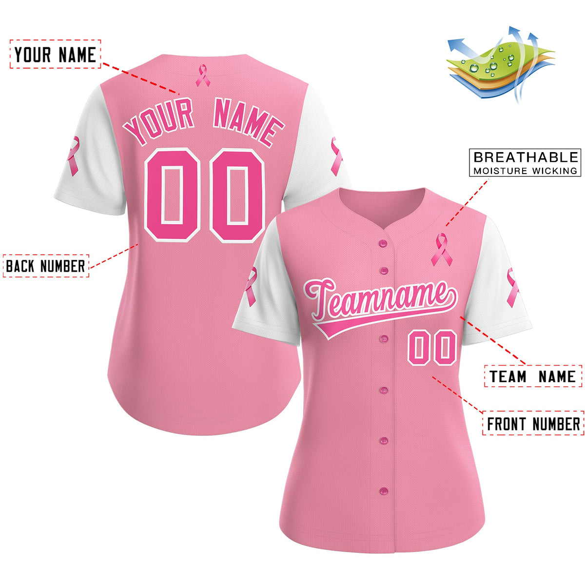 Custom Light Pink White Breast Cancer Awareness Month Pink Ribbon Authentic Baseball Jersey for Women| KXKSHOP