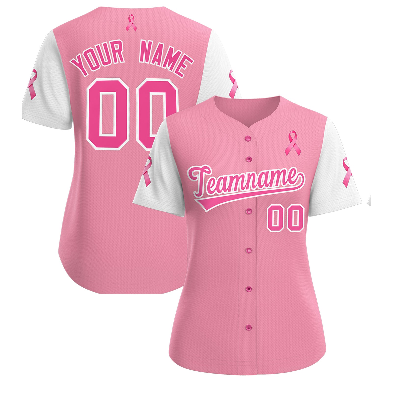 Custom Light Pink White Breast Cancer Awareness Month Pink Ribbon Authentic Baseball Jersey for Women| KXKSHOP