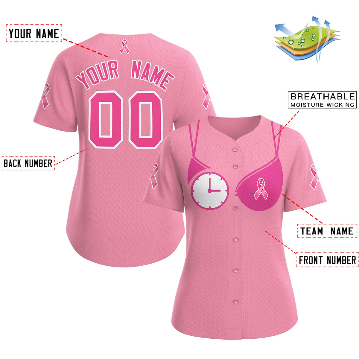 Custom Light Pink Pink Breast Cancer Awareness Month Pink Ribbon Authentic Baseball Jersey for Women| KXKSHOP