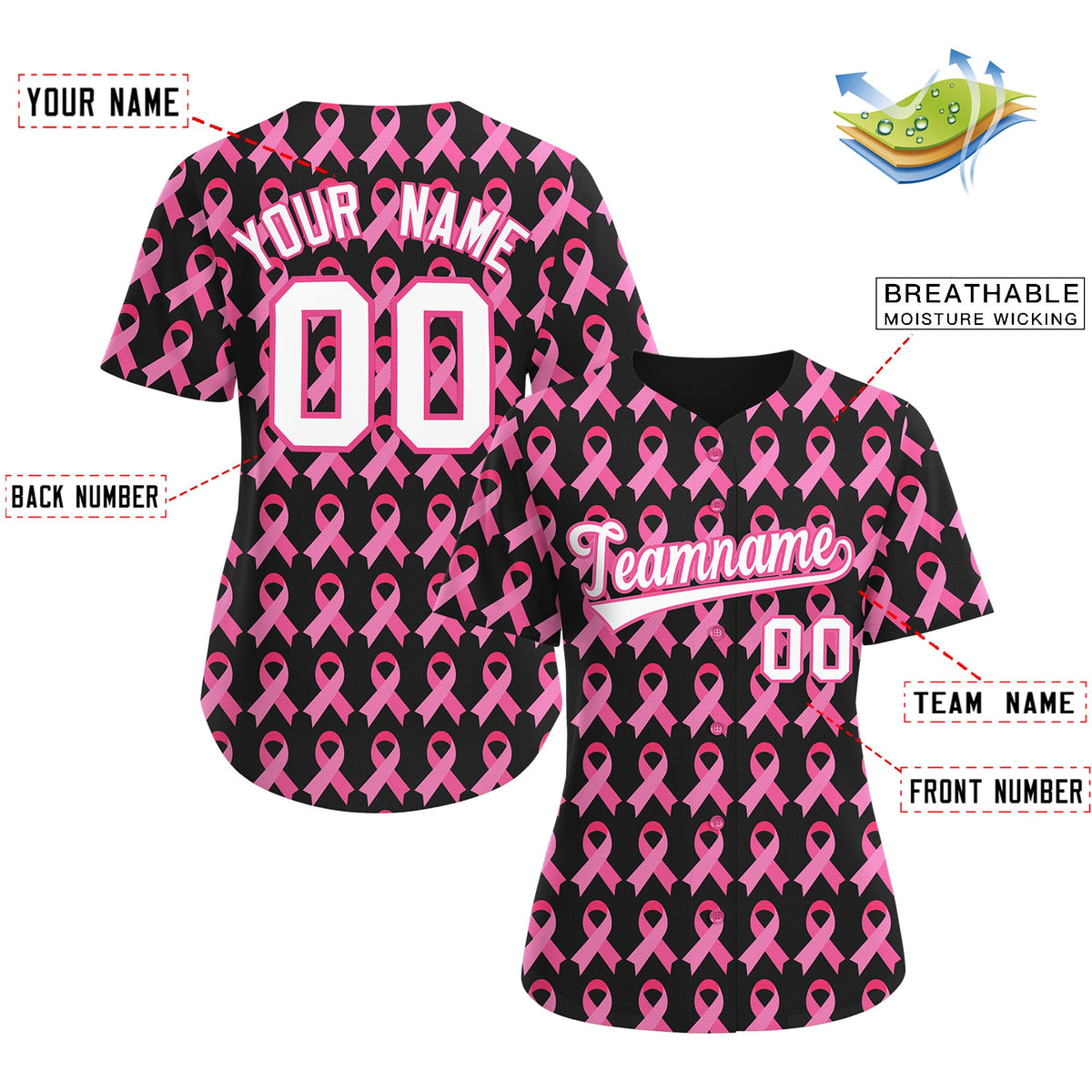 Custom Black Pink Breast Cancer Awareness Month Pink Ribbon Authentic Baseball Jersey for Women| KXKSHOP