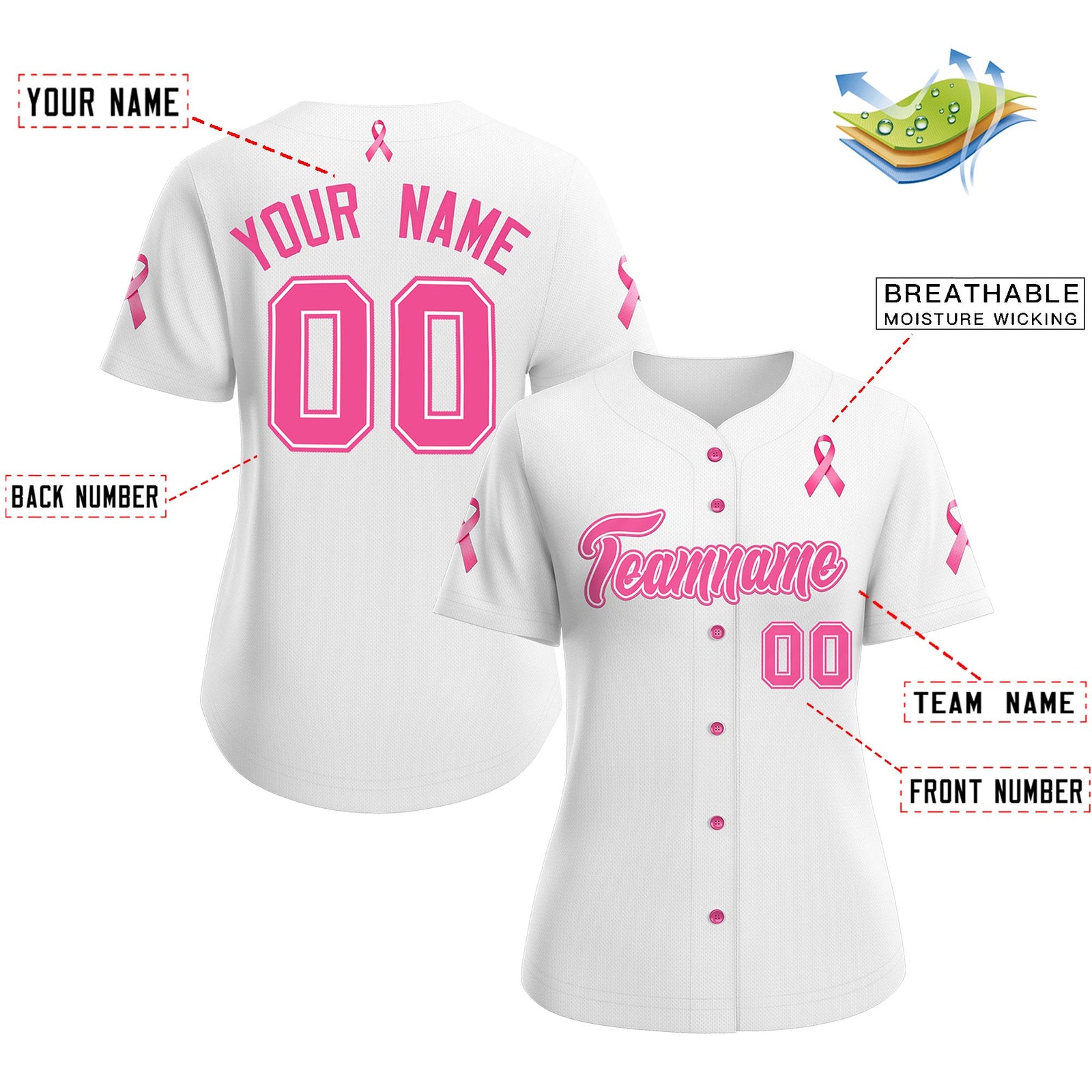 Custom White Pink Breast Cancer Awareness Month Pink Ribbon Authentic Baseball Jersey for Women