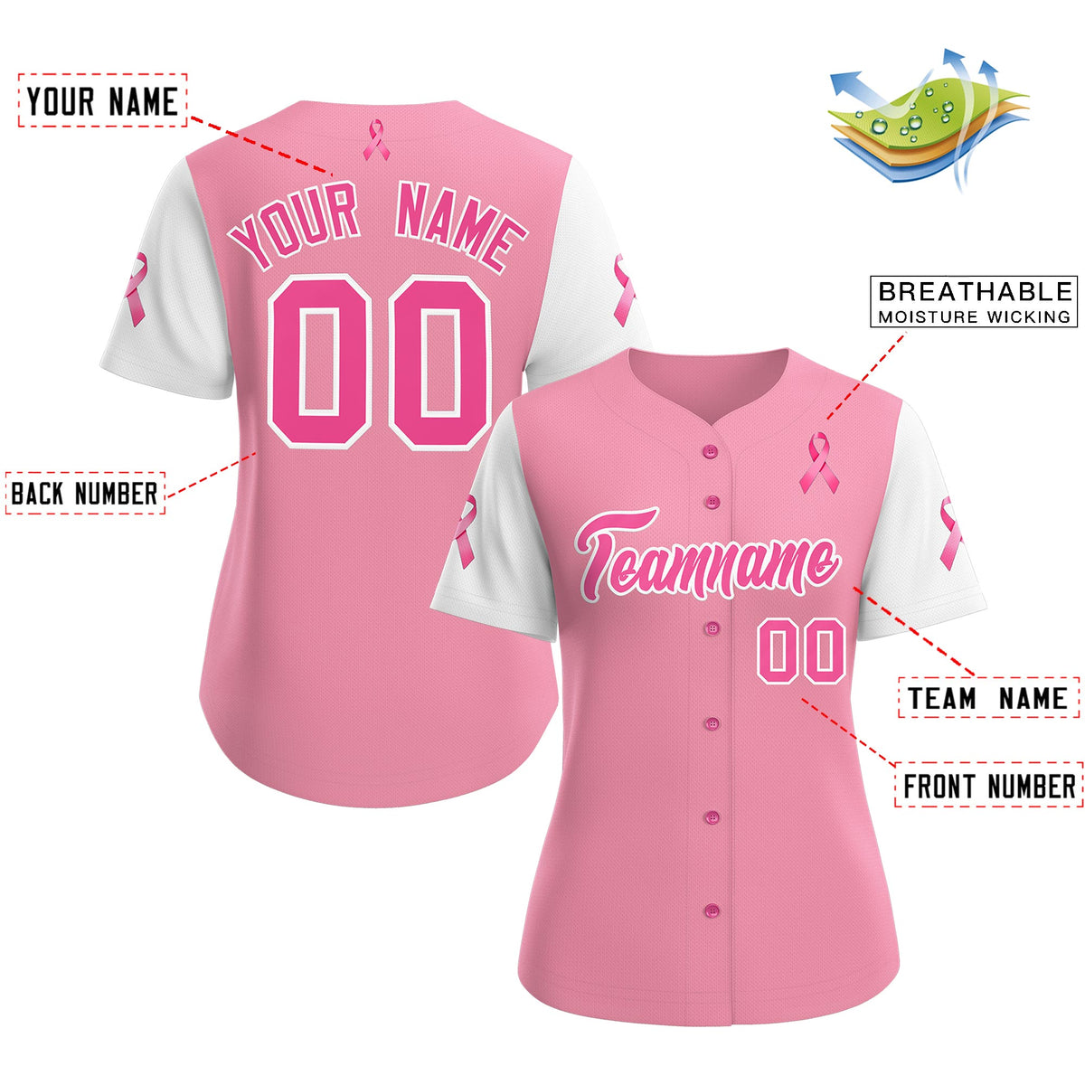 Custom Light Pink White Breast Cancer Awareness Month Pink Ribbon Authentic Baseball Jersey for Women