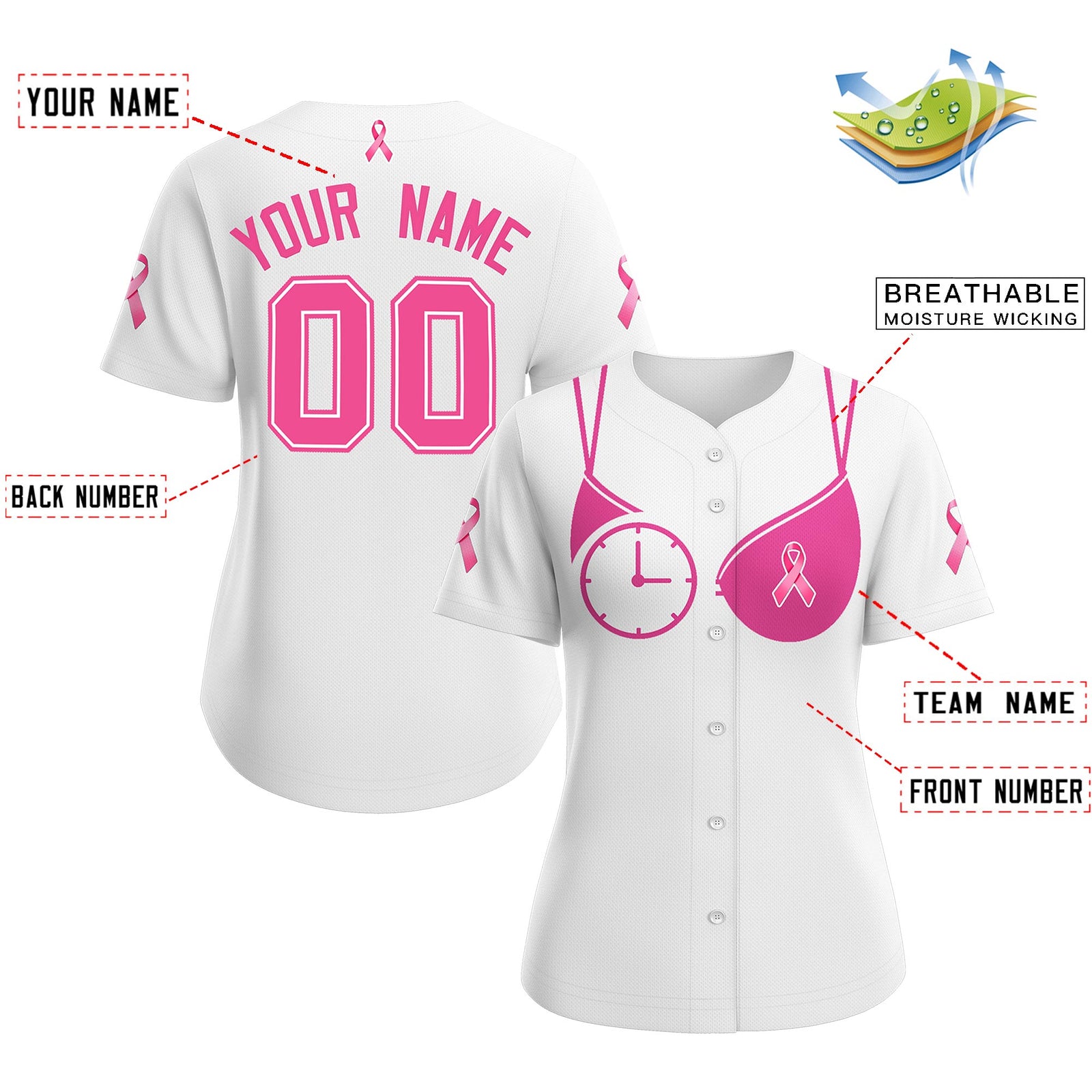 Custom White Pink Breast Cancer Awareness Month Pink Ribbon Authentic Baseball Jersey for Women
