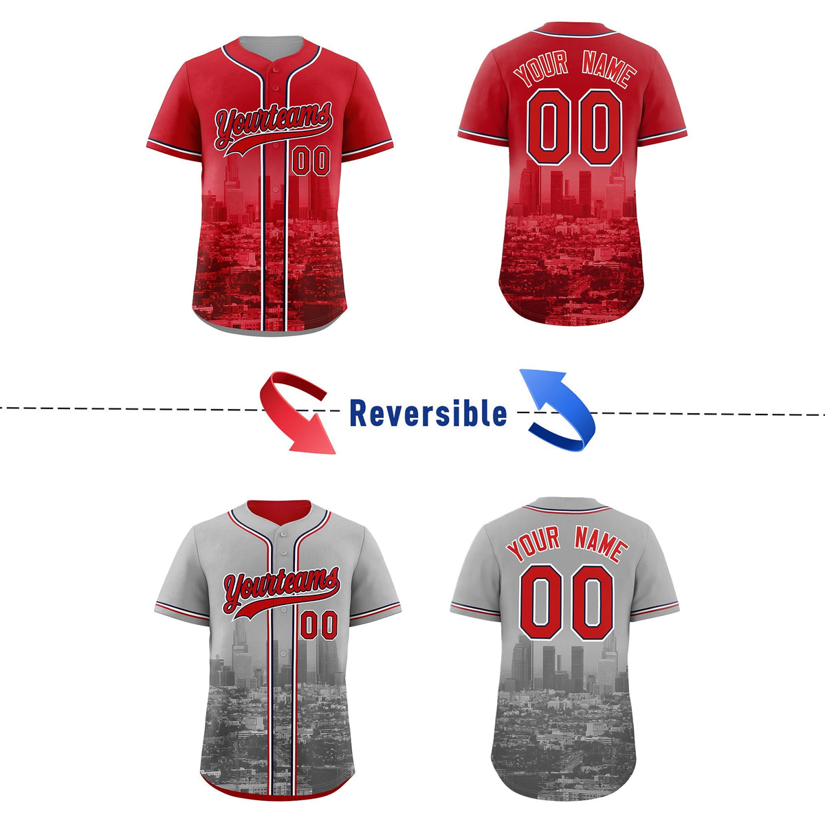 Custom Red Grey Reversible City Edition Graffiti Pattern Wrinkle-Resistant Baseball Jersey| KXKSHOP