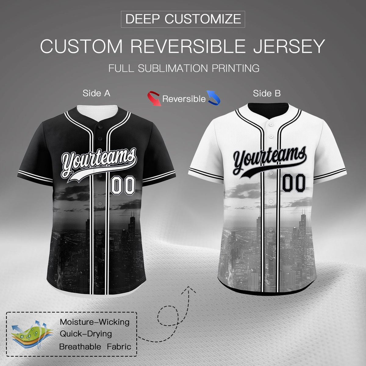 Custom Black White Reversible City Edition Graffiti Pattern Stretch Fabric Baseball Jersey| KXKSHOP