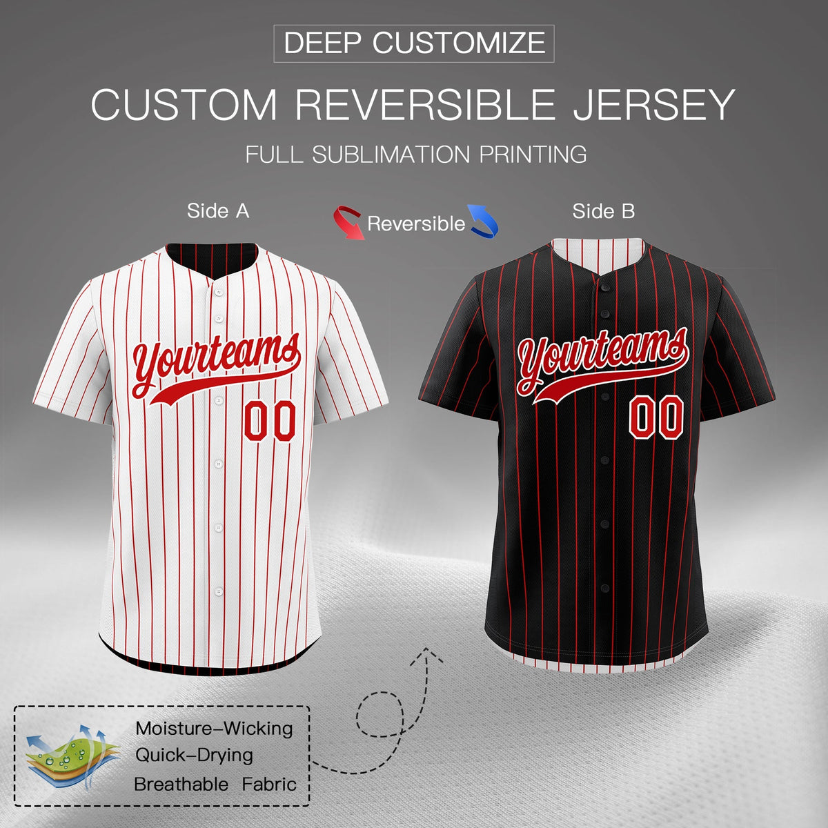Custom Red White Reversible Stripe Fashion Baseball Jersey| KXKSHOP