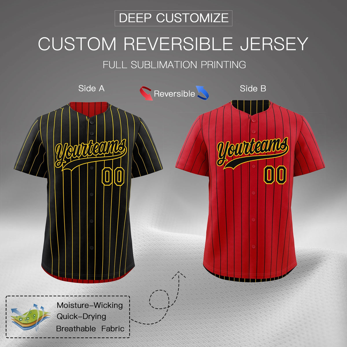Custom Black Gold Reversible Stripe Fashion Baseball Jersey| KXKSHOP