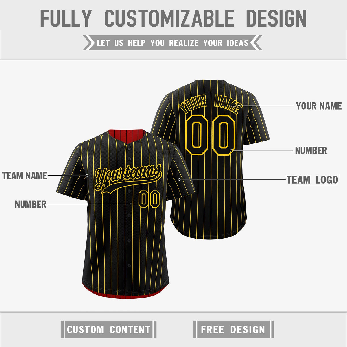 Custom Black Gold Reversible Stripe Fashion Baseball Jersey| KXKSHOP