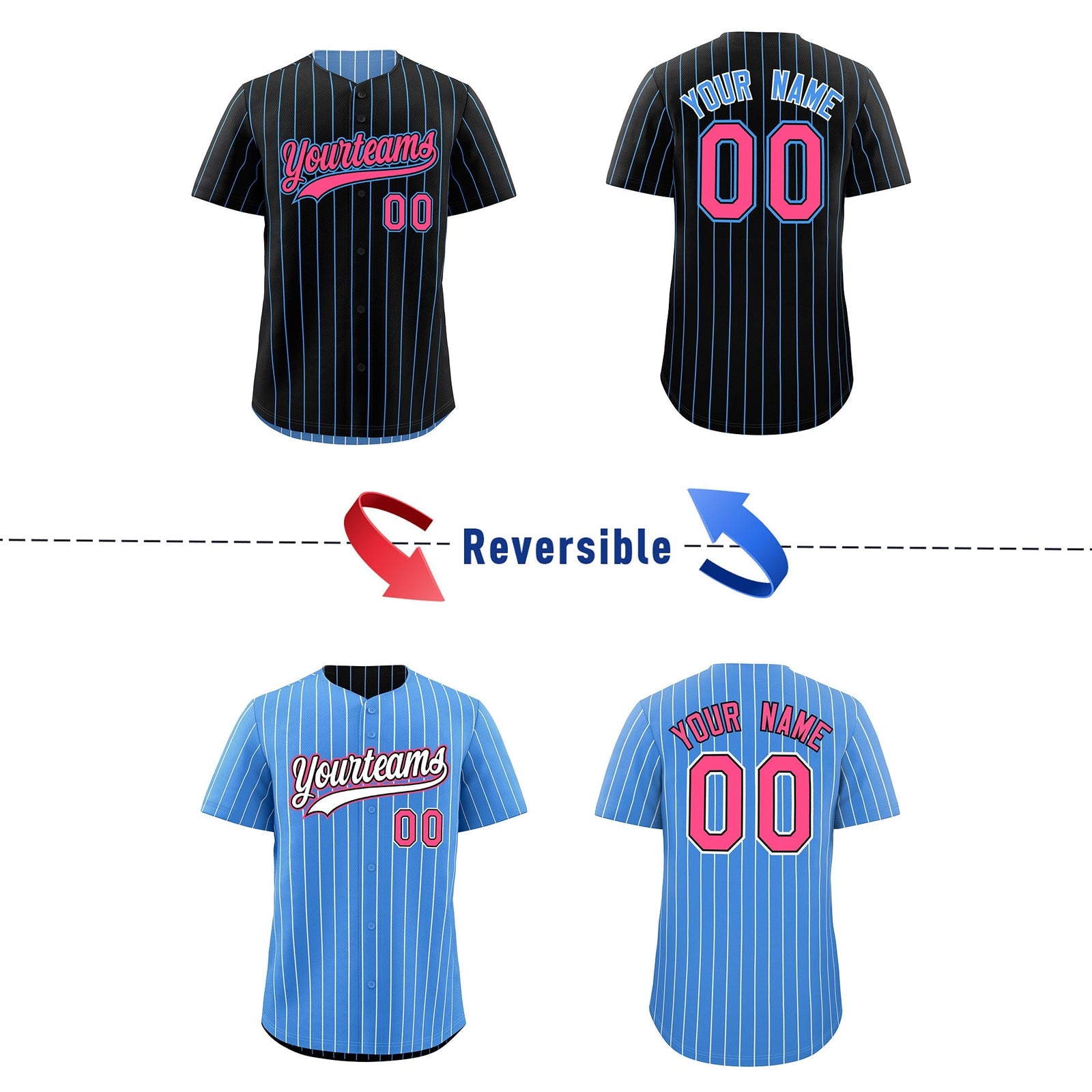 Custom Pink Black Powder Blue Reversible Stripe Fashion Baseball Jersey| KXKSHOP