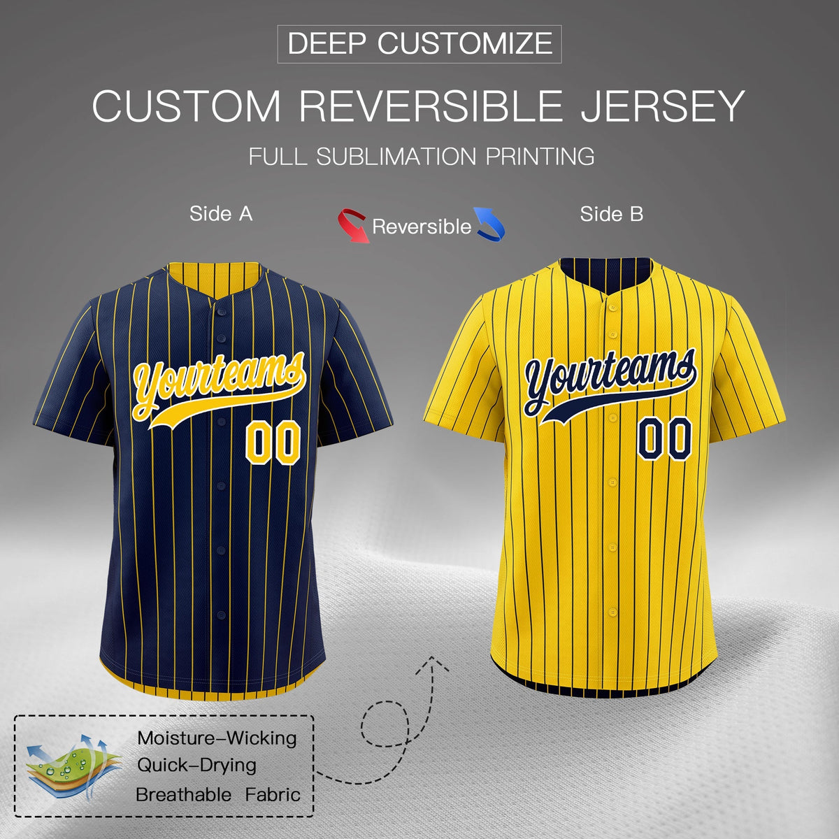 Custom Gold White Navy Reversible Stripe Fashion Baseball Jersey| KXKSHOP