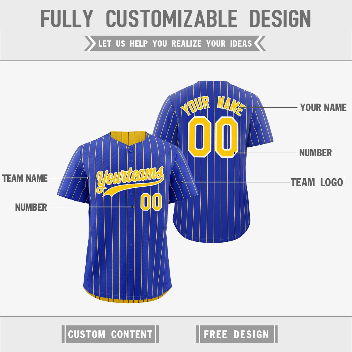 Custom Gold White Royal Blue Reversible Stripe Fashion Baseball Jersey| KXKSHOP