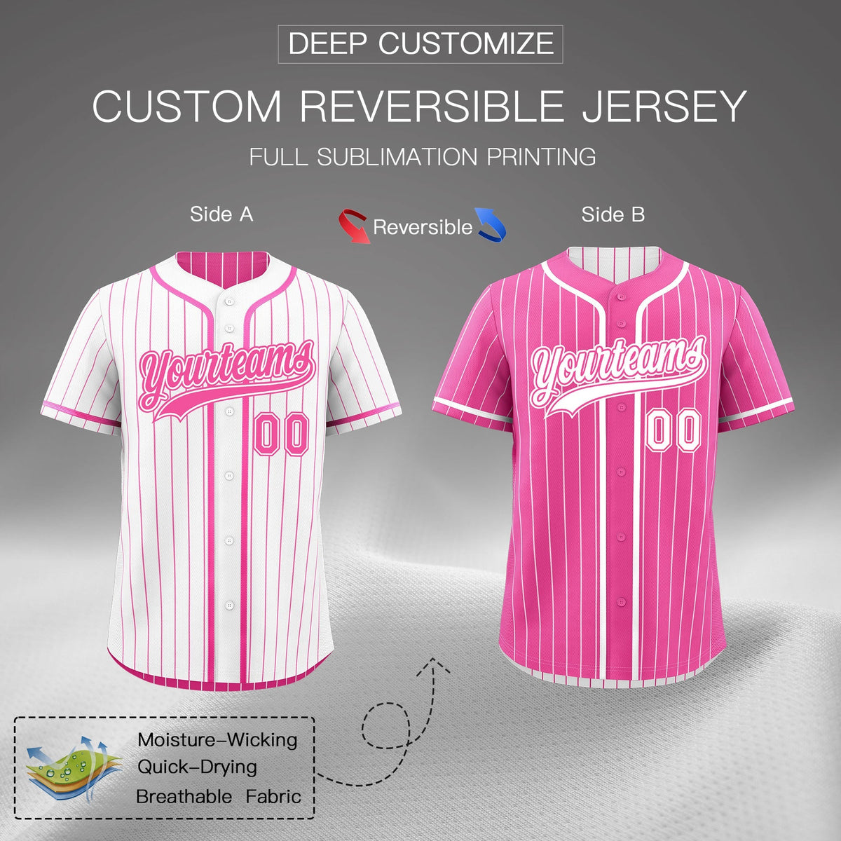Custom Pink White Reversible Stripe Fashion Baseball Jersey| KXKSHOP