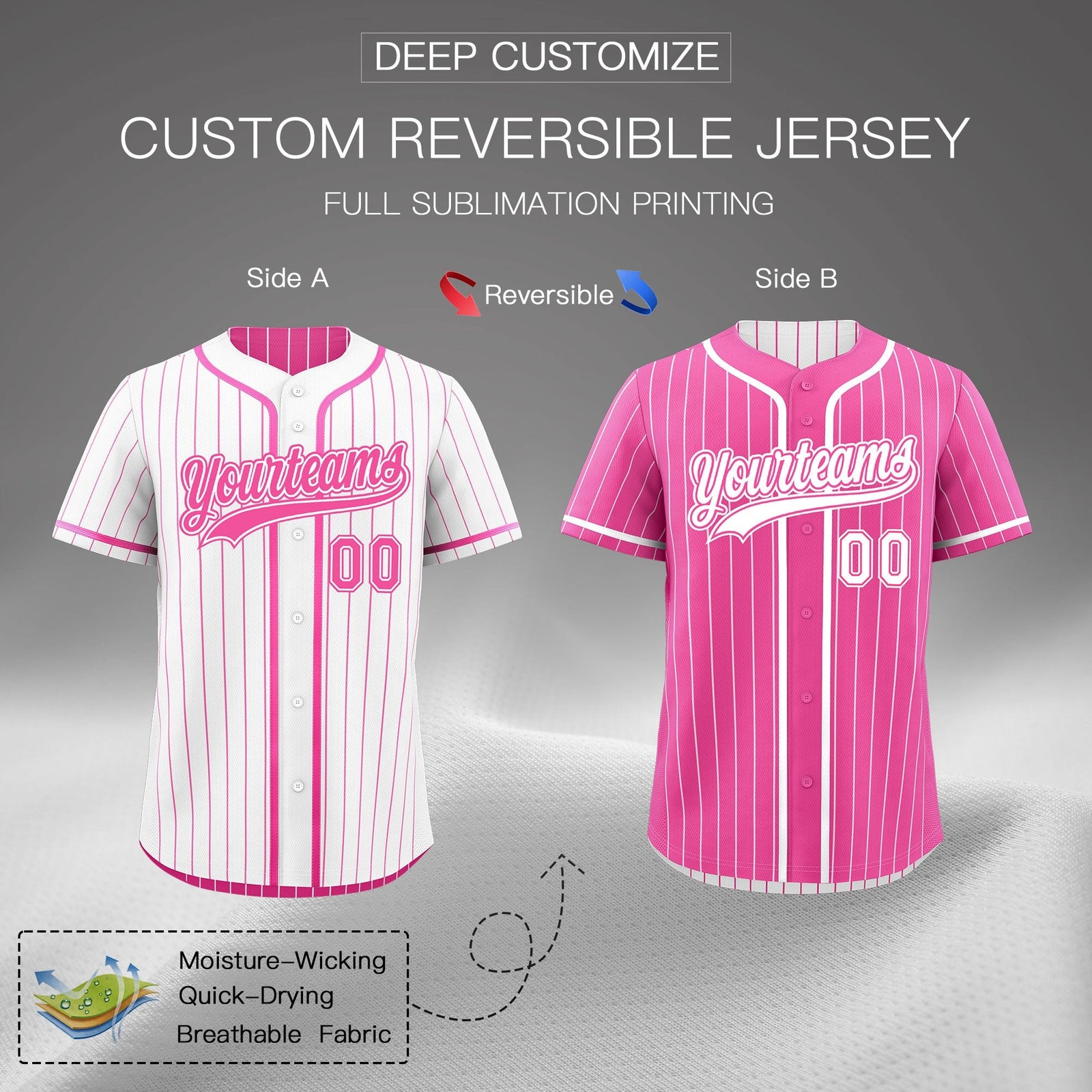 Custom Pink White Reversible Stripe Fashion Baseball Jersey| KXKSHOP